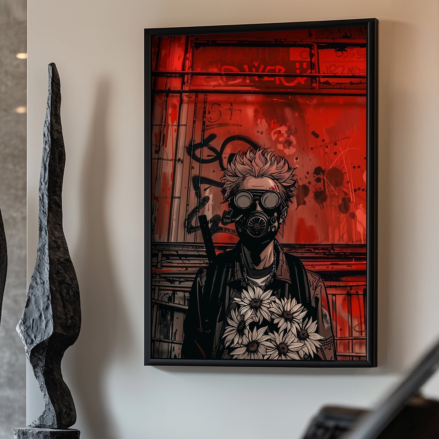 Dystopian street-art-inspired wall art of a figure in a gas mask holding a bouquet