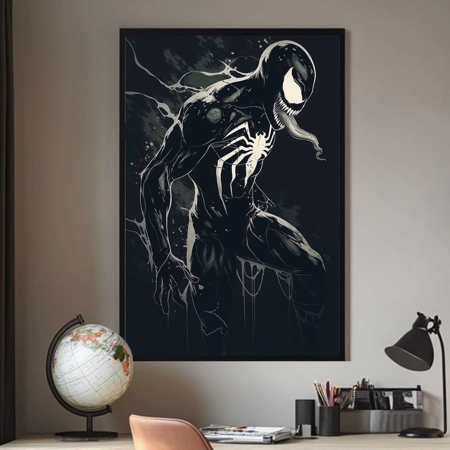 A striking image of Venom in black and white available on canvas and metal print