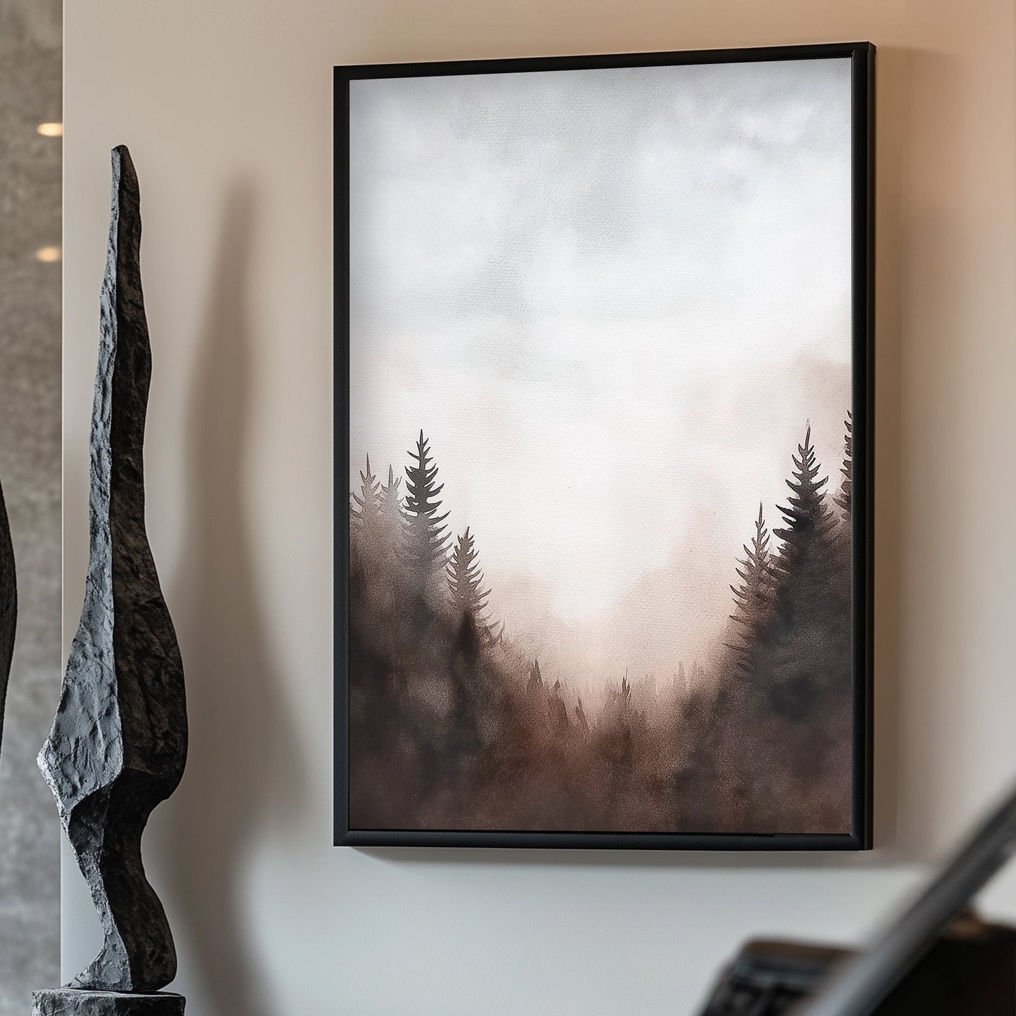 This serene watercolor landscape captures a misty forest at dawn, with soft hues. Perfect for modern decor. canvas wall art abstract portrait