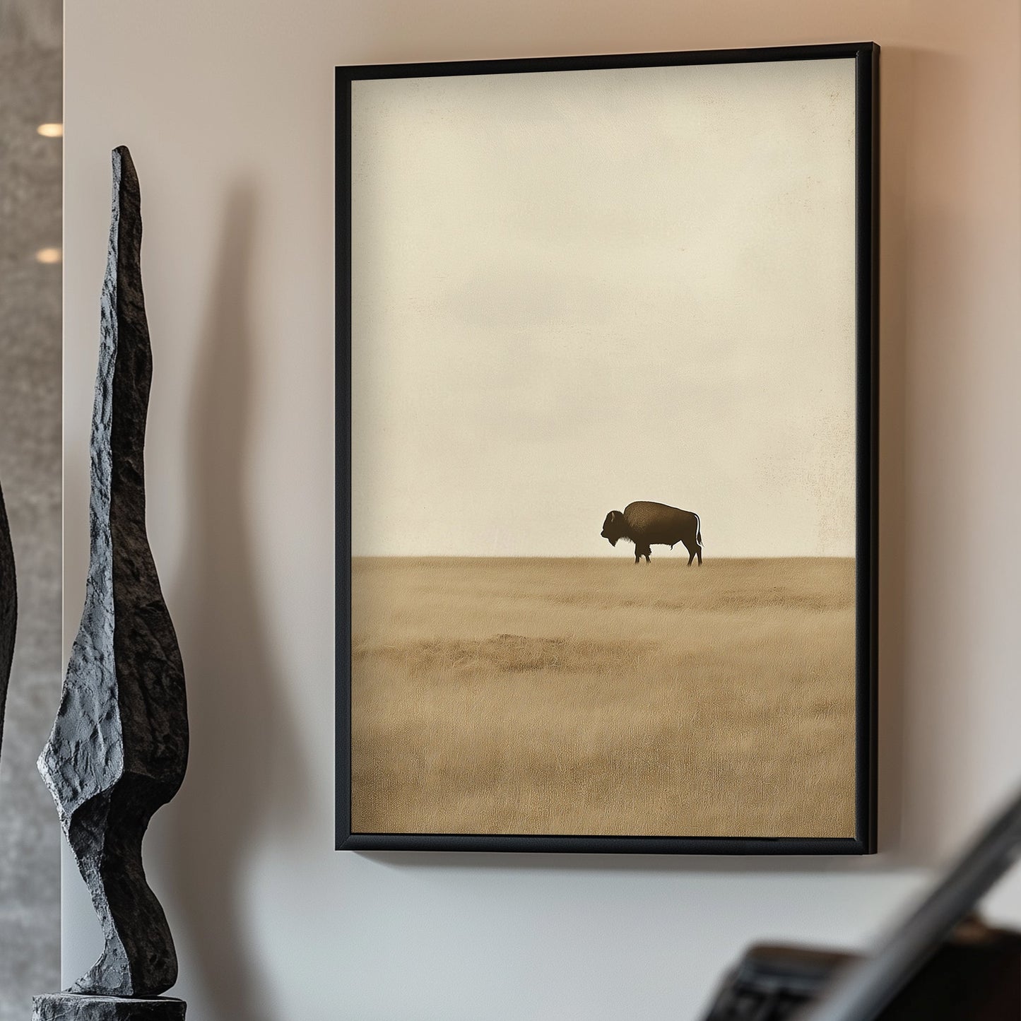 A solitary bison stands quietly against the vast, sepia-toned plains. Perfect for modern decor. canvas wall art abstract portrait landscape