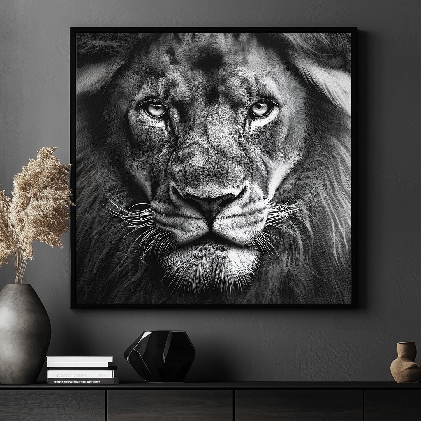 A lion’s intense gaze captures the viewer, framed in dramatic black and white. Perfect for modern decor. canvas wall art abstract portrait landscape