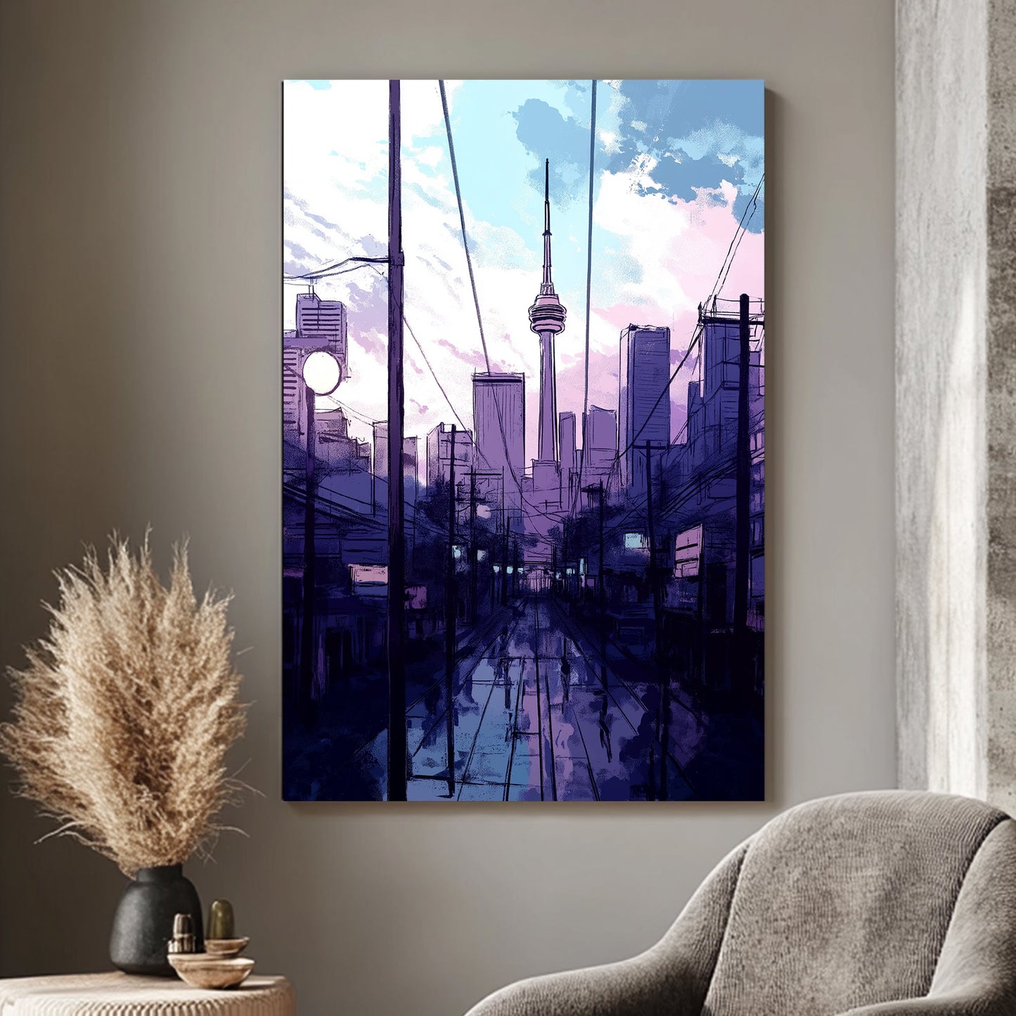 The CN Tower stands tall against a pastel sky, framed by city streets glistening with recent rain. Perfect for modern decor. canvas wall art abstract portrait landscape