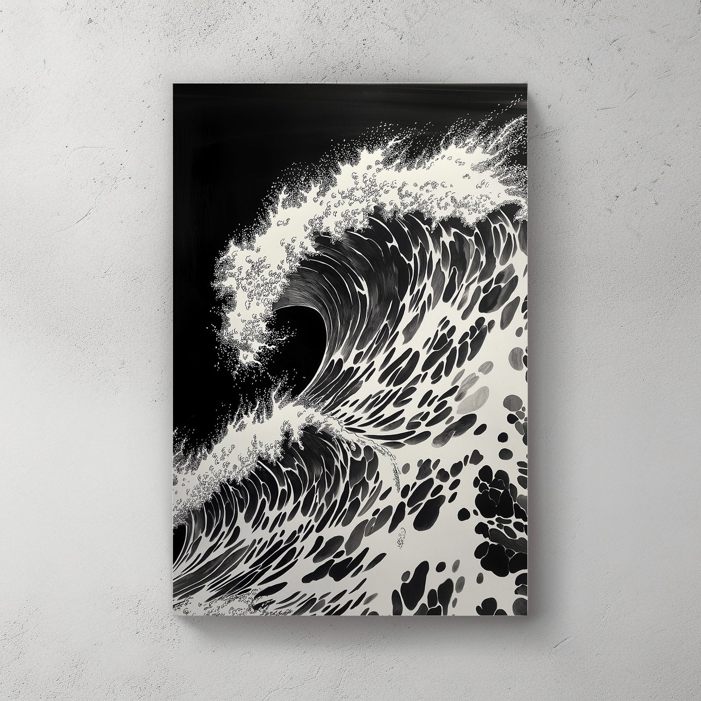 A fierce wave unfurls with dramatic intensity, each splash and ripple meticulously. Perfect for modern decor. canvas wall art abstract portrait landscape