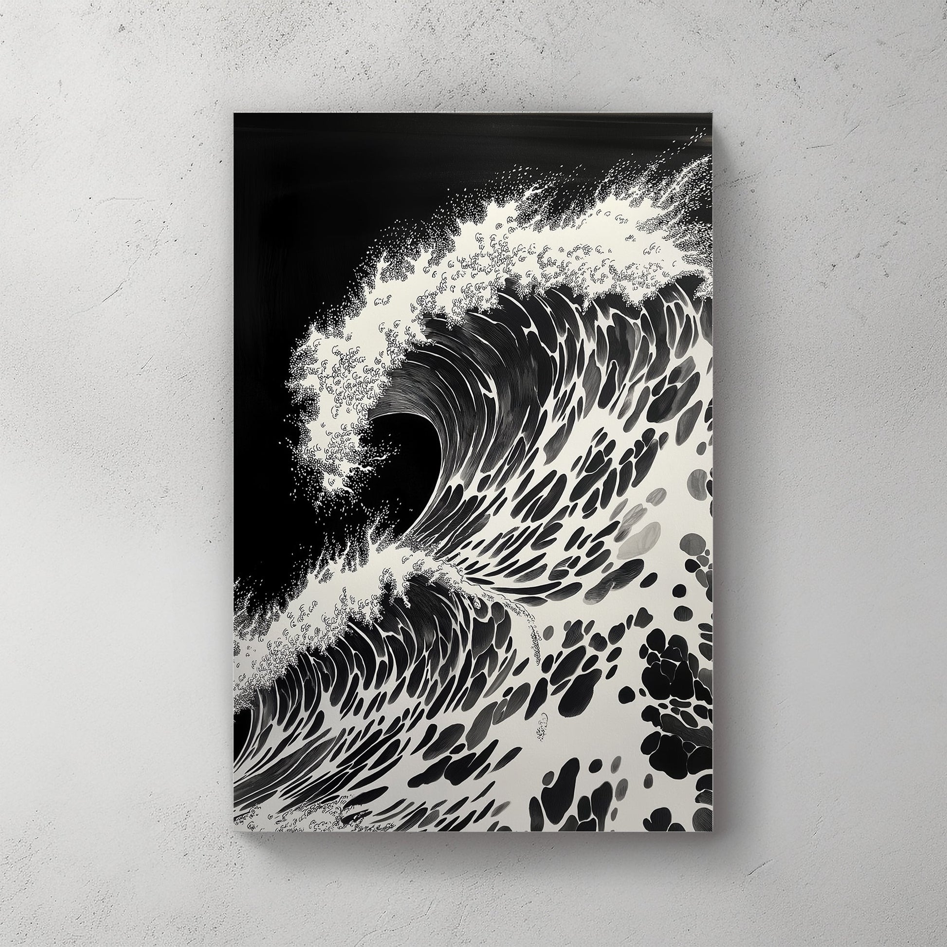 A fierce wave unfurls with dramatic intensity, each splash and ripple meticulously. Perfect for modern decor. canvas wall art abstract portrait landscape