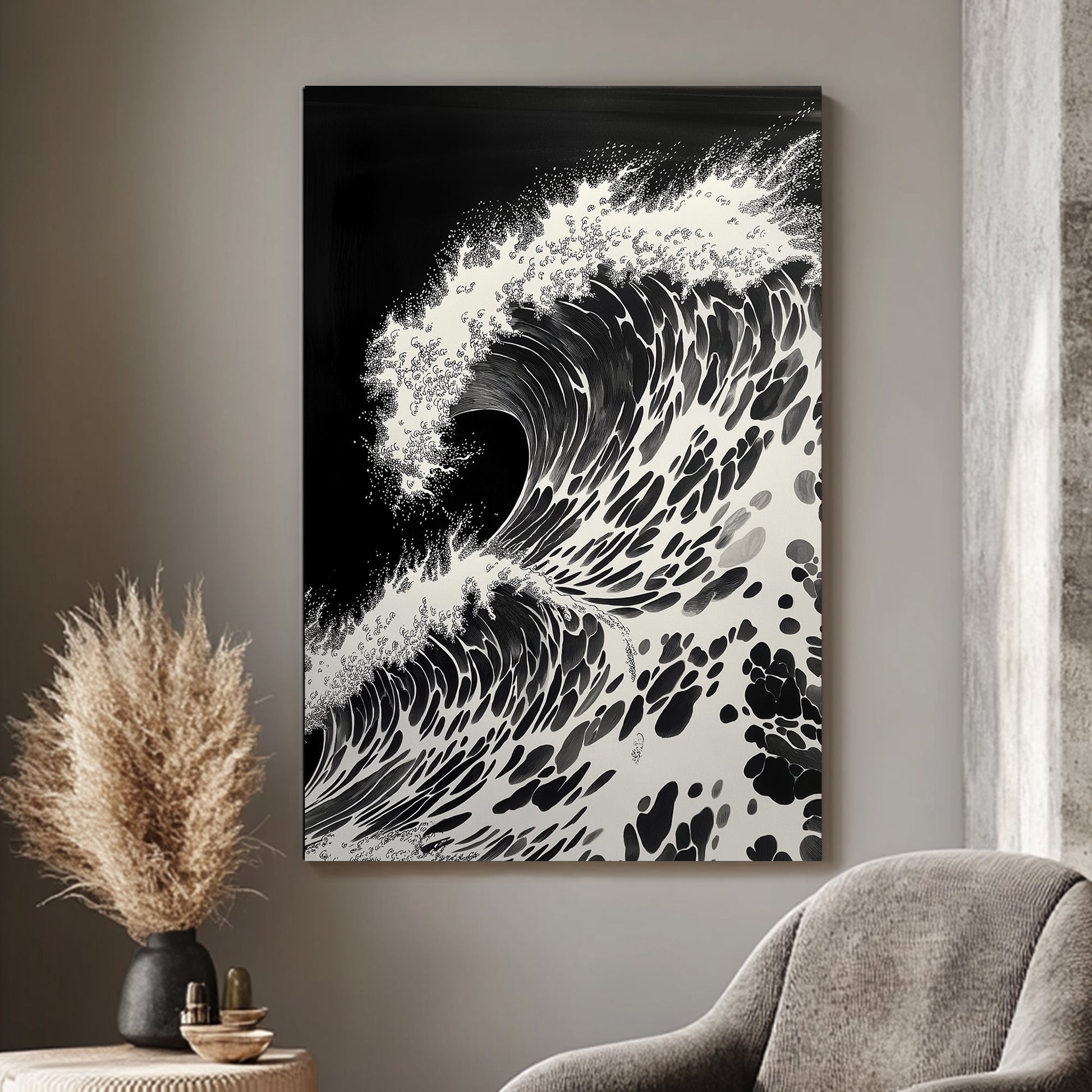 A fierce wave unfurls with dramatic intensity, each splash and ripple meticulously. Perfect for modern decor. canvas wall art abstract portrait landscape