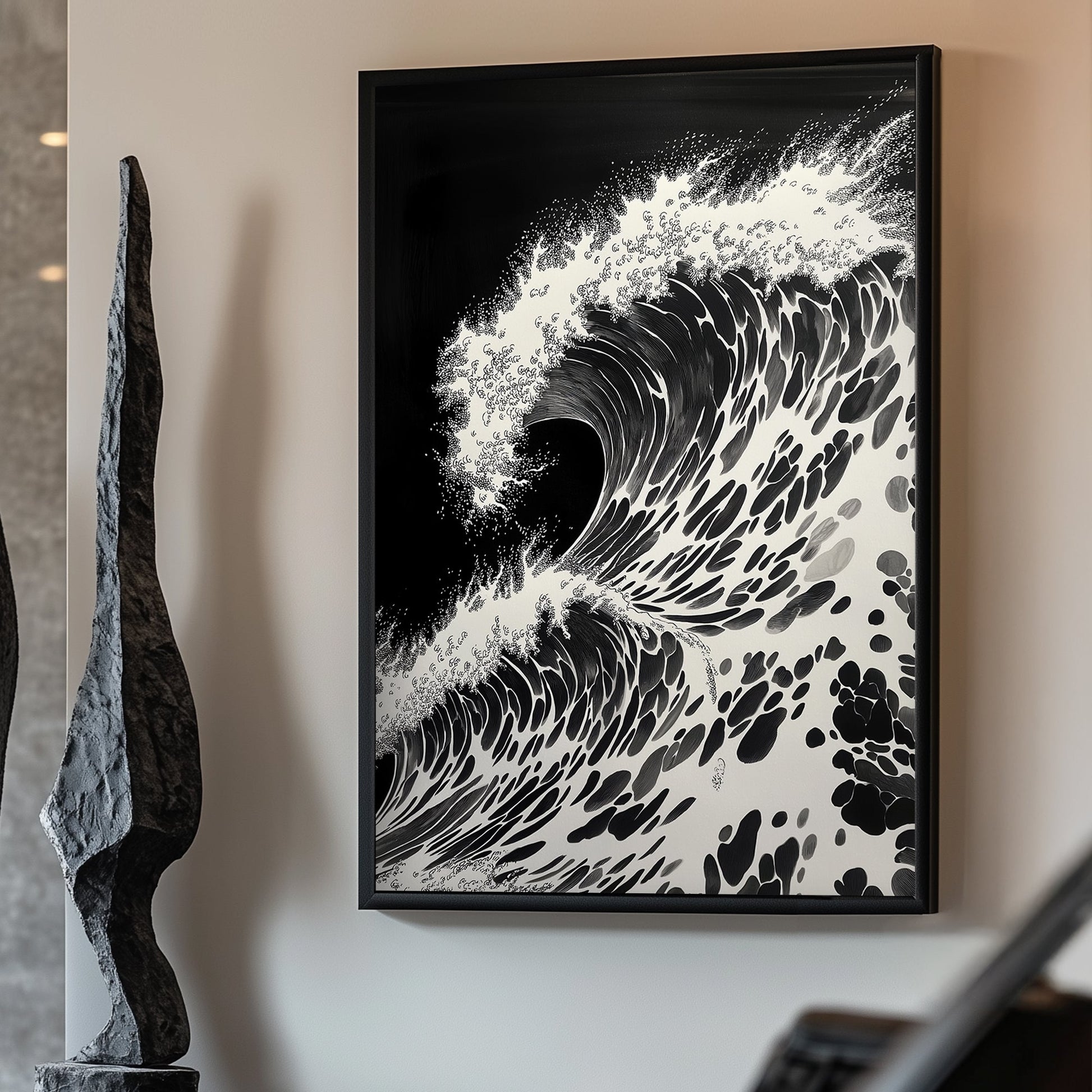 A fierce wave unfurls with dramatic intensity, each splash and ripple meticulously. Perfect for modern decor. canvas wall art abstract portrait landscape