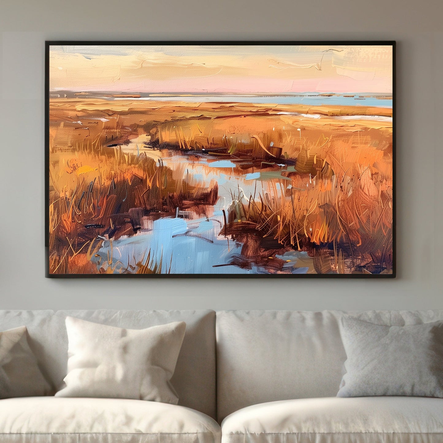 Impressionistic painting of golden marshlands with water reflections and a sunset sky.