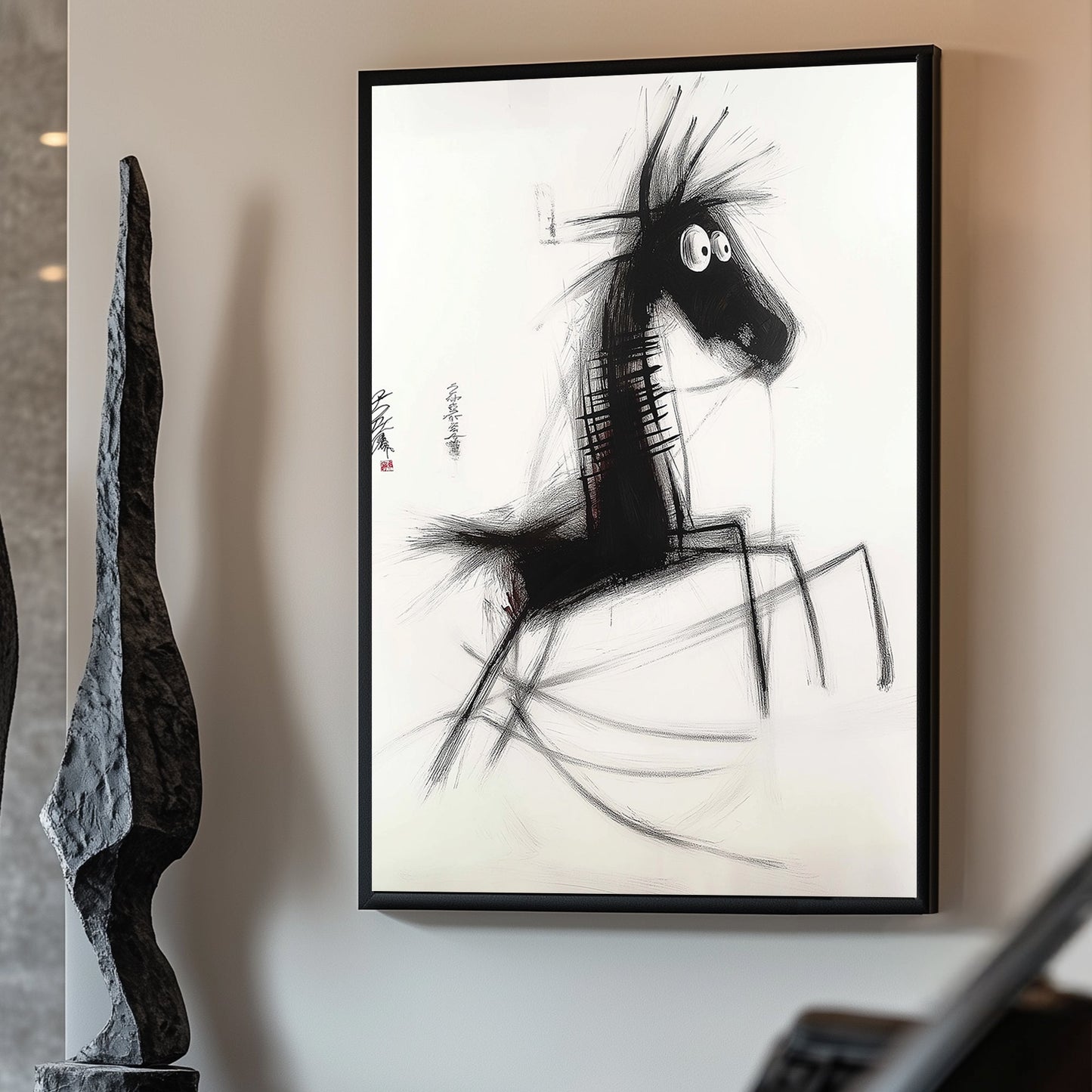 Minimalist black and white sketch of a spindly-legged horse with expressive brushstrokes, inspired by Japanese ink art.