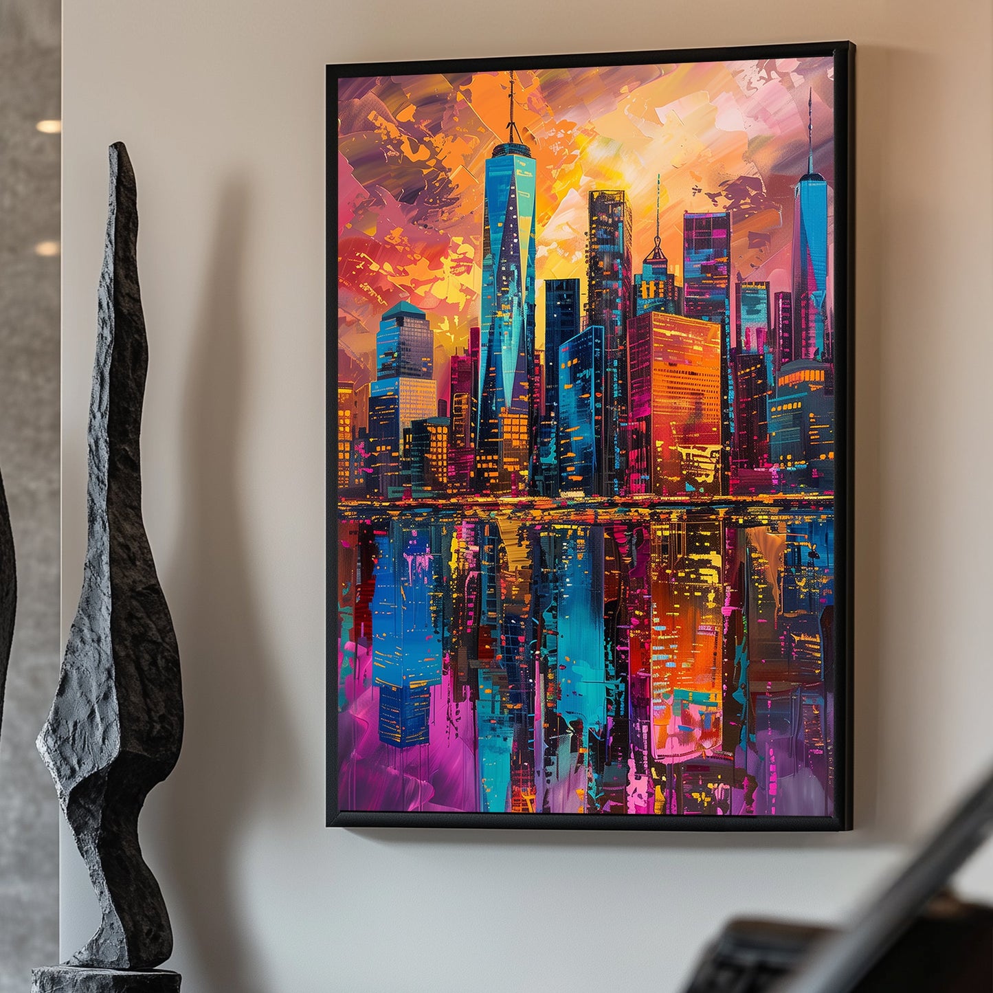 New York Vibrant cityscape with vivid orange, pink, and blue hues reflected on water.