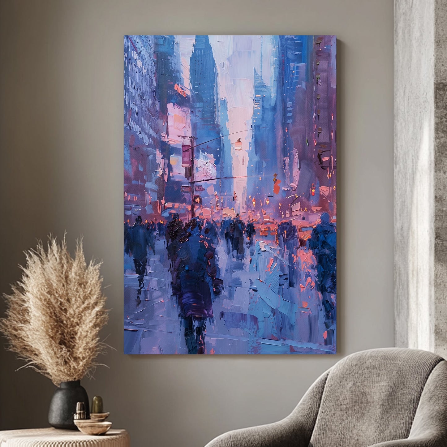 Abstract cityscape with textured brushstrokes in soft blue and pink hues depicting an evening street scene.