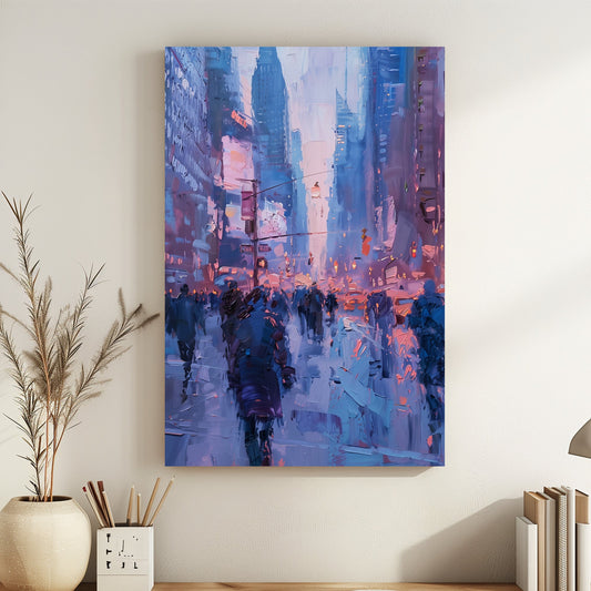 Abstract cityscape with textured brushstrokes in soft blue and pink hues depicting an evening street scene.