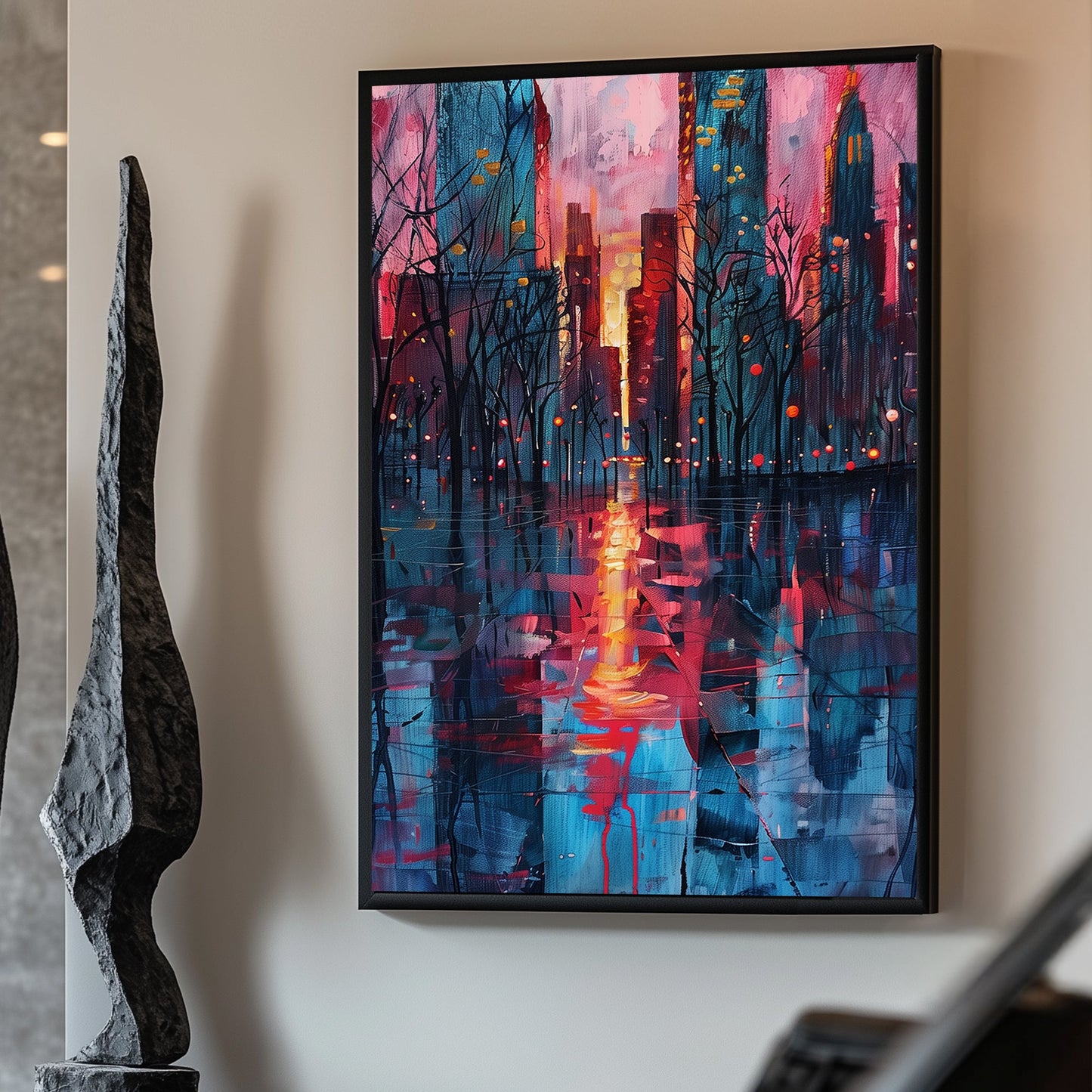 Cityscape at sunset with reflections on wet streets, featuring pink, blue, and orange tones with silhouetted trees.