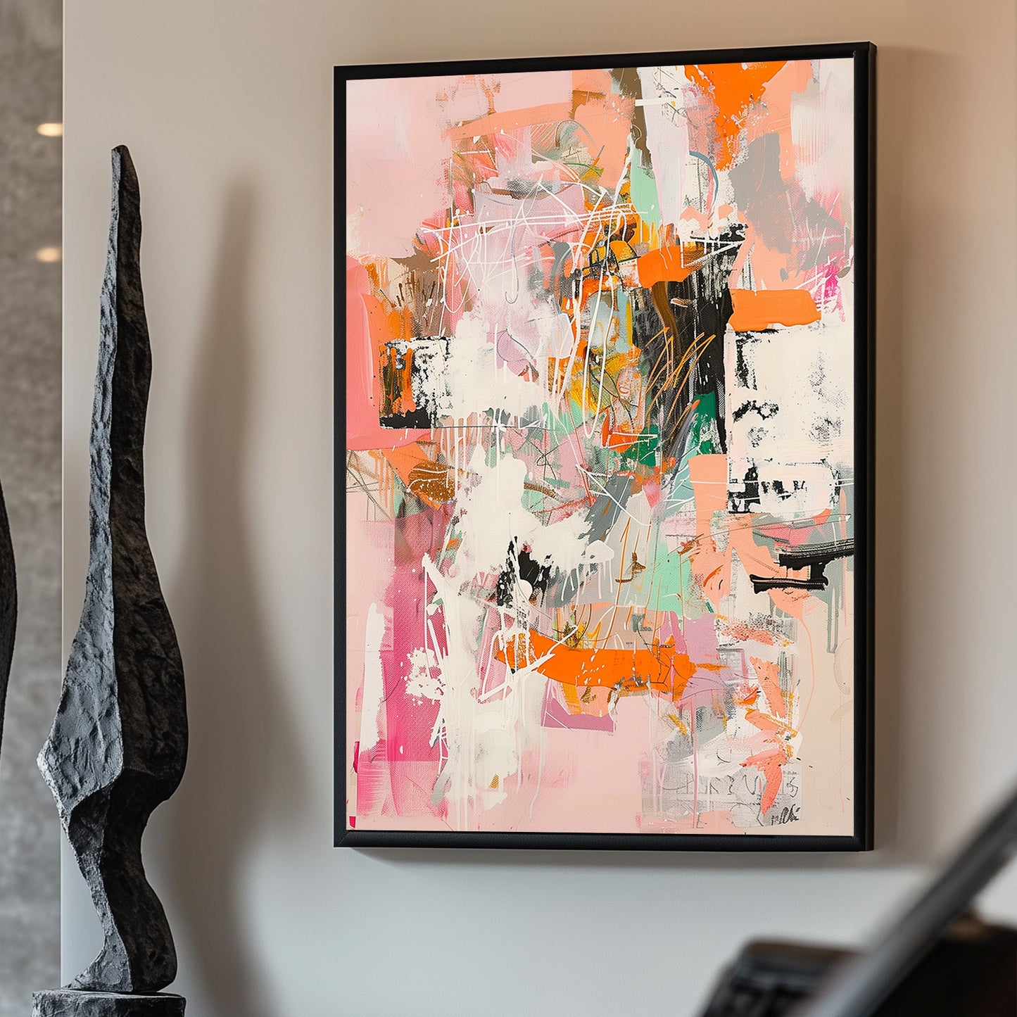 Abstract composition with soft pastel tones, bold orange accents, and dynamic layered brushstrokes.