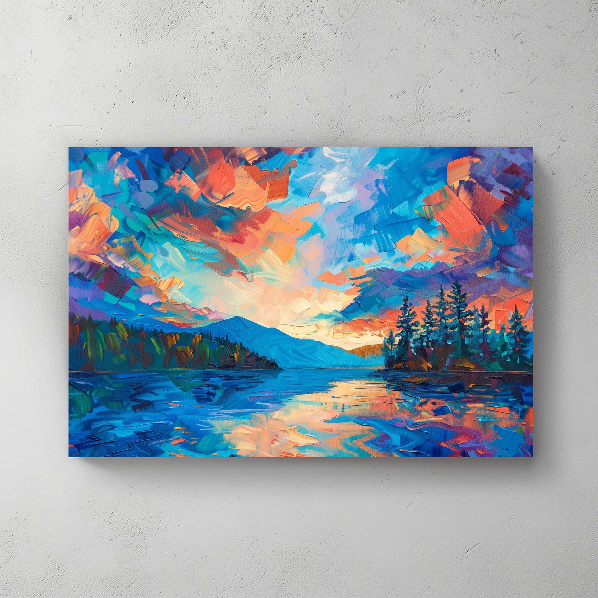 Landscape of a vivid sunset with bold blues, oranges, and purples reflected on serene waters and framed by silhouetted trees.