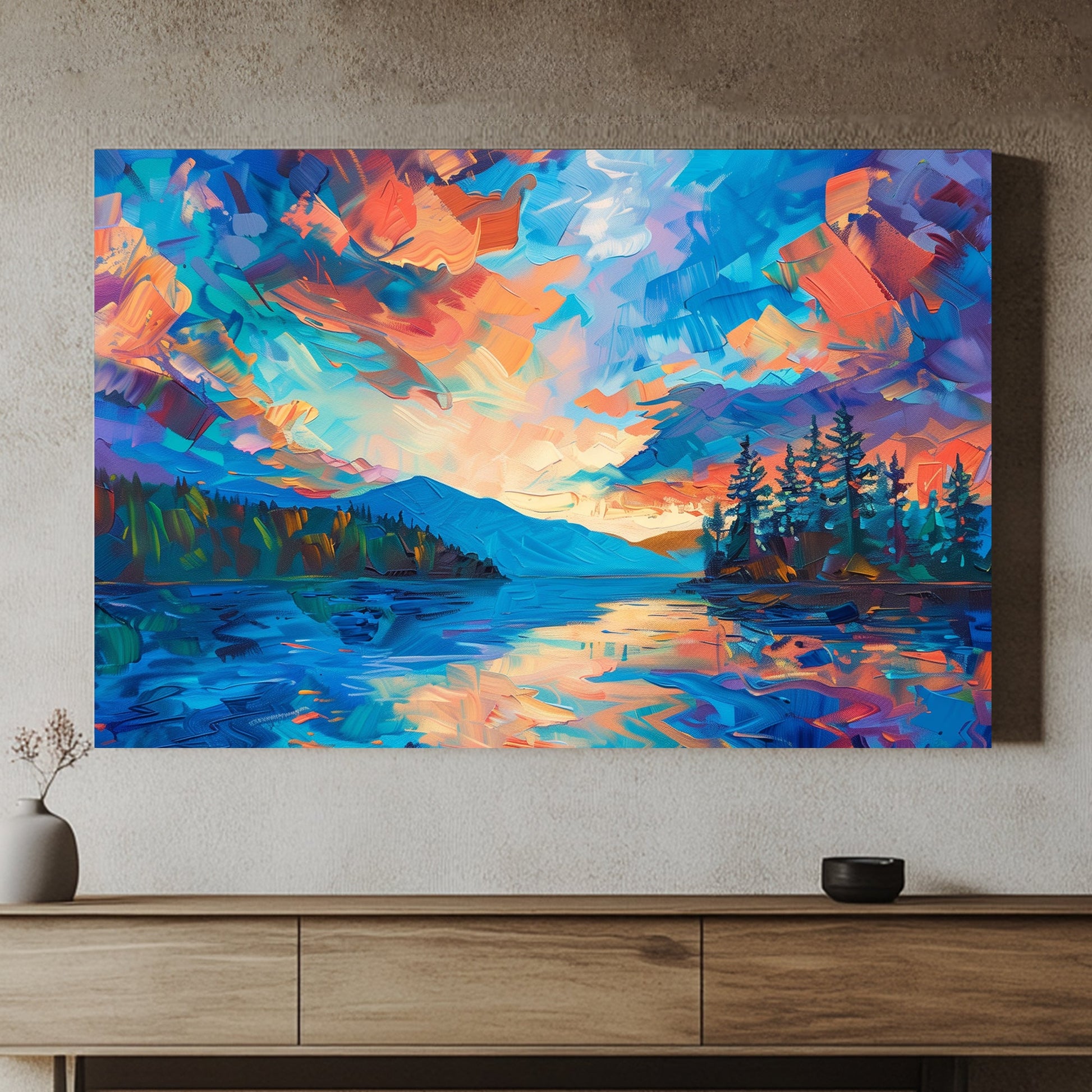 Landscape of a vivid sunset with bold blues, oranges, and purples reflected on serene waters and framed by silhouetted trees.