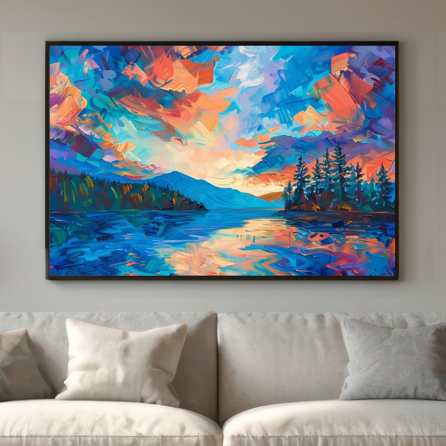 Landscape of a vivid sunset with bold blues, oranges, and purples reflected on serene waters and framed by silhouetted trees.