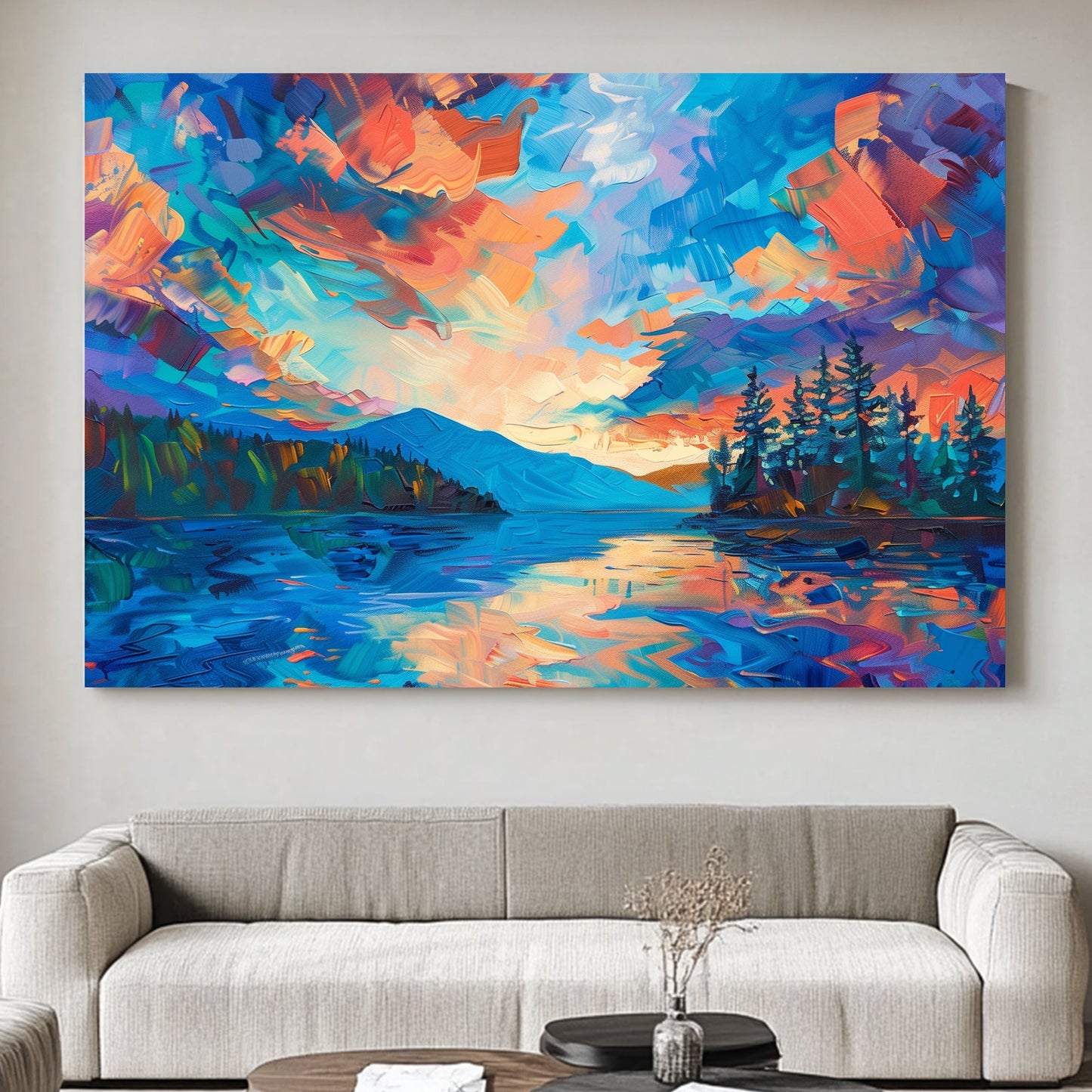 Landscape of a vivid sunset with bold blues, oranges, and purples reflected on serene waters and framed by silhouetted trees.