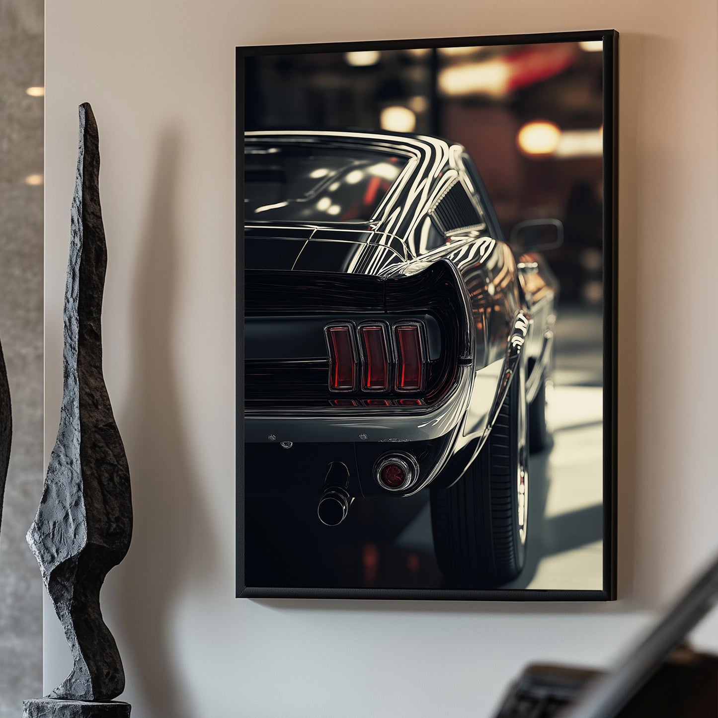 Rear view of a classic car with chrome details, red tail lights, and soft lighting in a vintage-style setting.