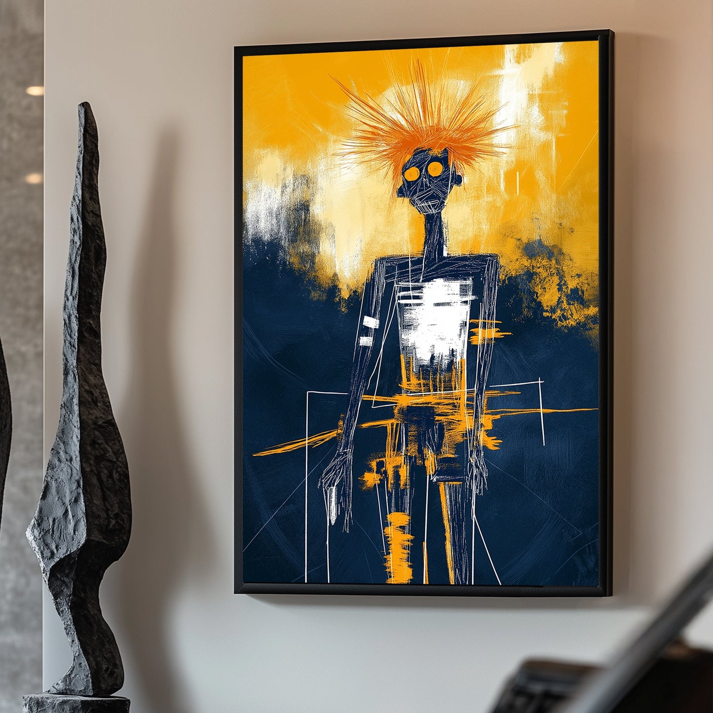 Abstract skeletal figure with vibrant orange and deep navy background, featuring expressive brushstrokes.