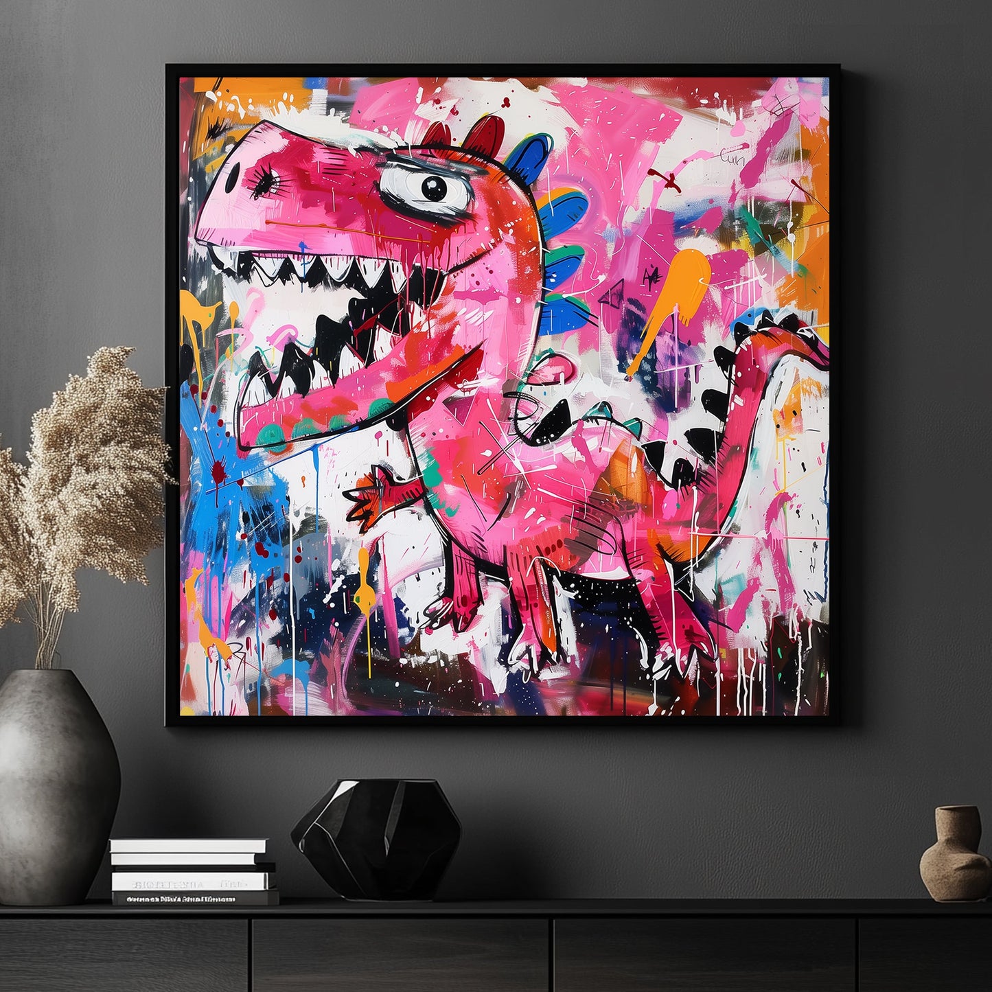 Graffiti-style artwork of a colorful pink dinosaur surrounded by bright splashes of paint in various colours.