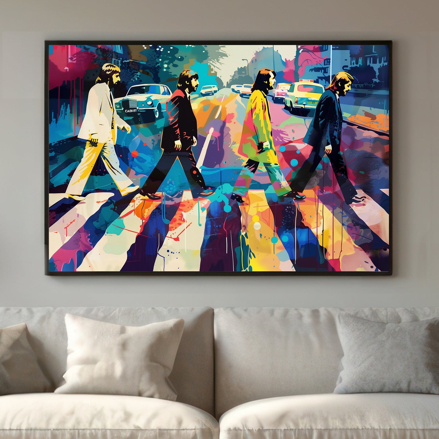 Colourful pop art version of the Beatles walking across Abbey Road, with vibrant splashes and bold outlines.