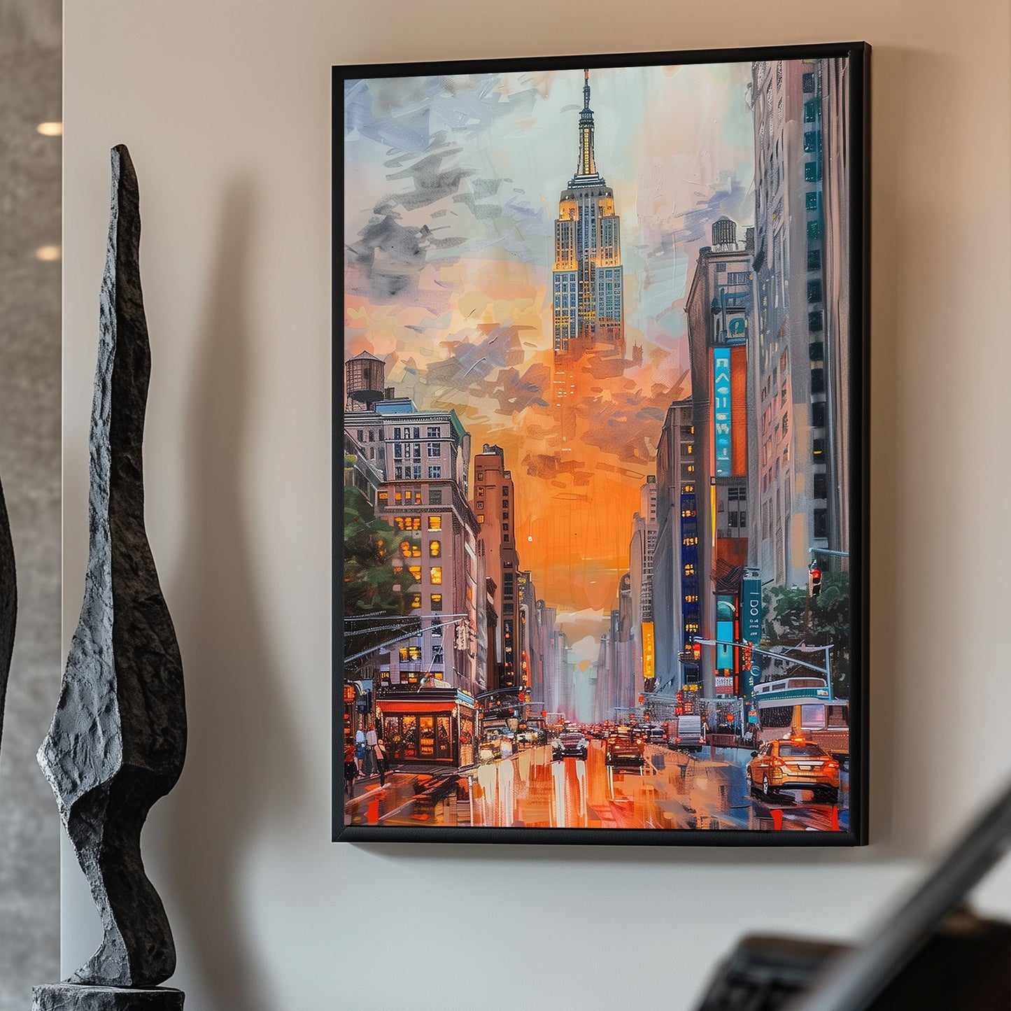Vibrant cityscape of the Empire State Building, illuminated at dusk with reflections of city lights on wet streets.