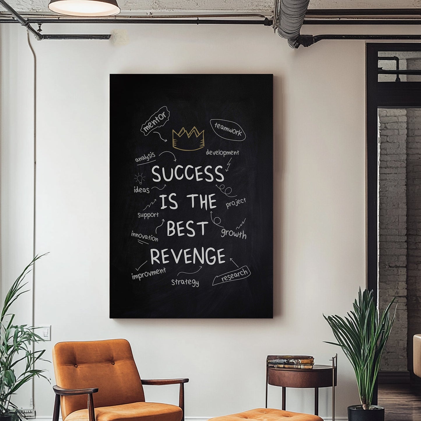 A motivational wall art print chalkboard-style design with the phrase "Success is the Best Revenge" surrounded by words like innovation, teamwork, and growth.
