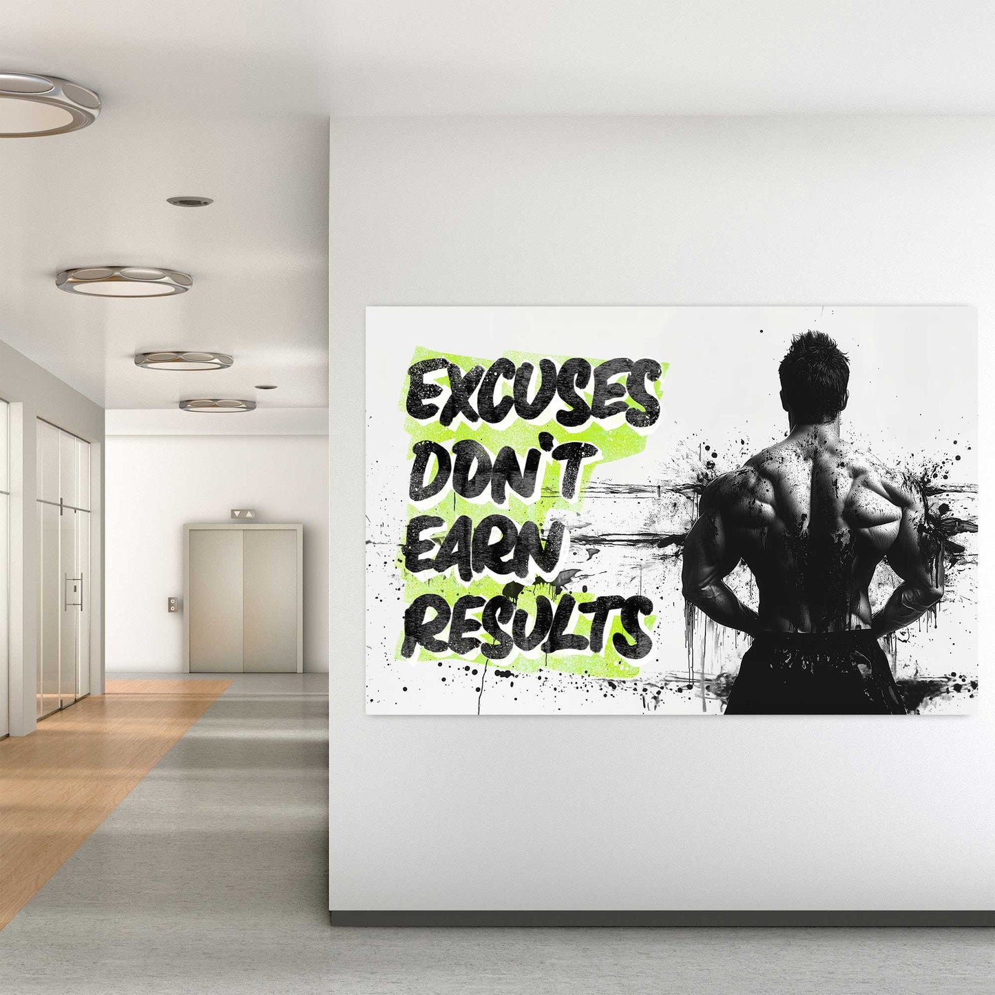A black-and-white wall art print of a bodybuilder’s back with bold text reading "Excuses Don’t Earn Results," surrounded by ink splatter for a dramatic effect.