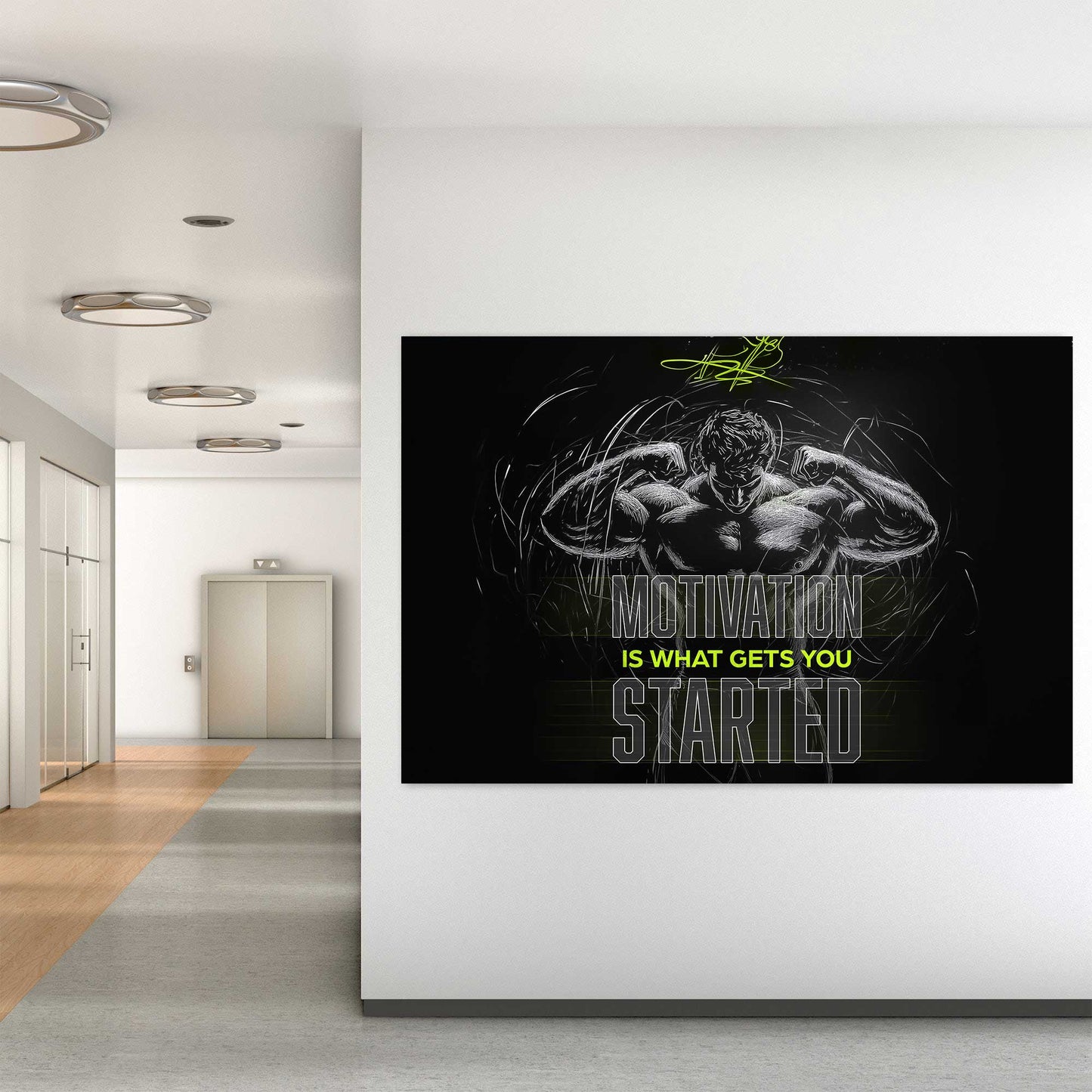 Black-and-white metal print of a muscular figure flexing, surrounded by energetic line strokes, with the text "Motivation Is What Gets You Started."