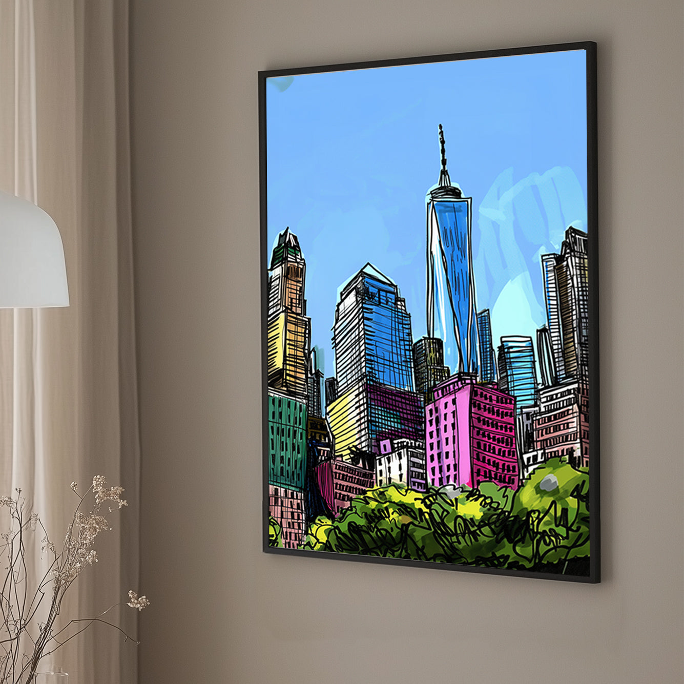 A colourful wall art sketch of a city skyline with tall buildings and a bright blue sky, featuring bold, vibrant lines.