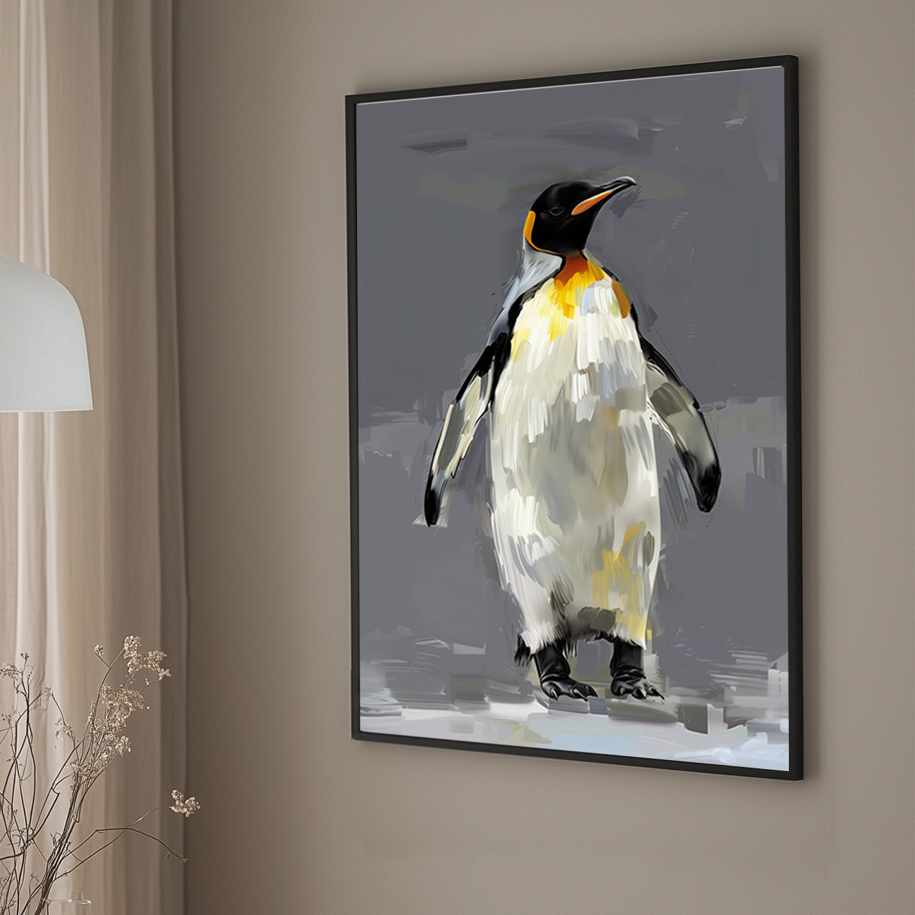 Artistic painting of a king penguin with textured brushstrokes, featuring black, white, and yellow tones on a neutral grey background.