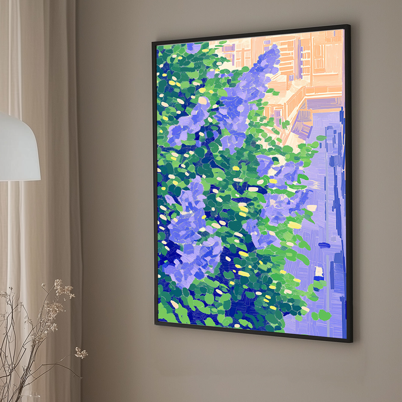 Impressionistic wall artwork featuring vibrant violet and green foliage against a cityscape bathed in warm light.