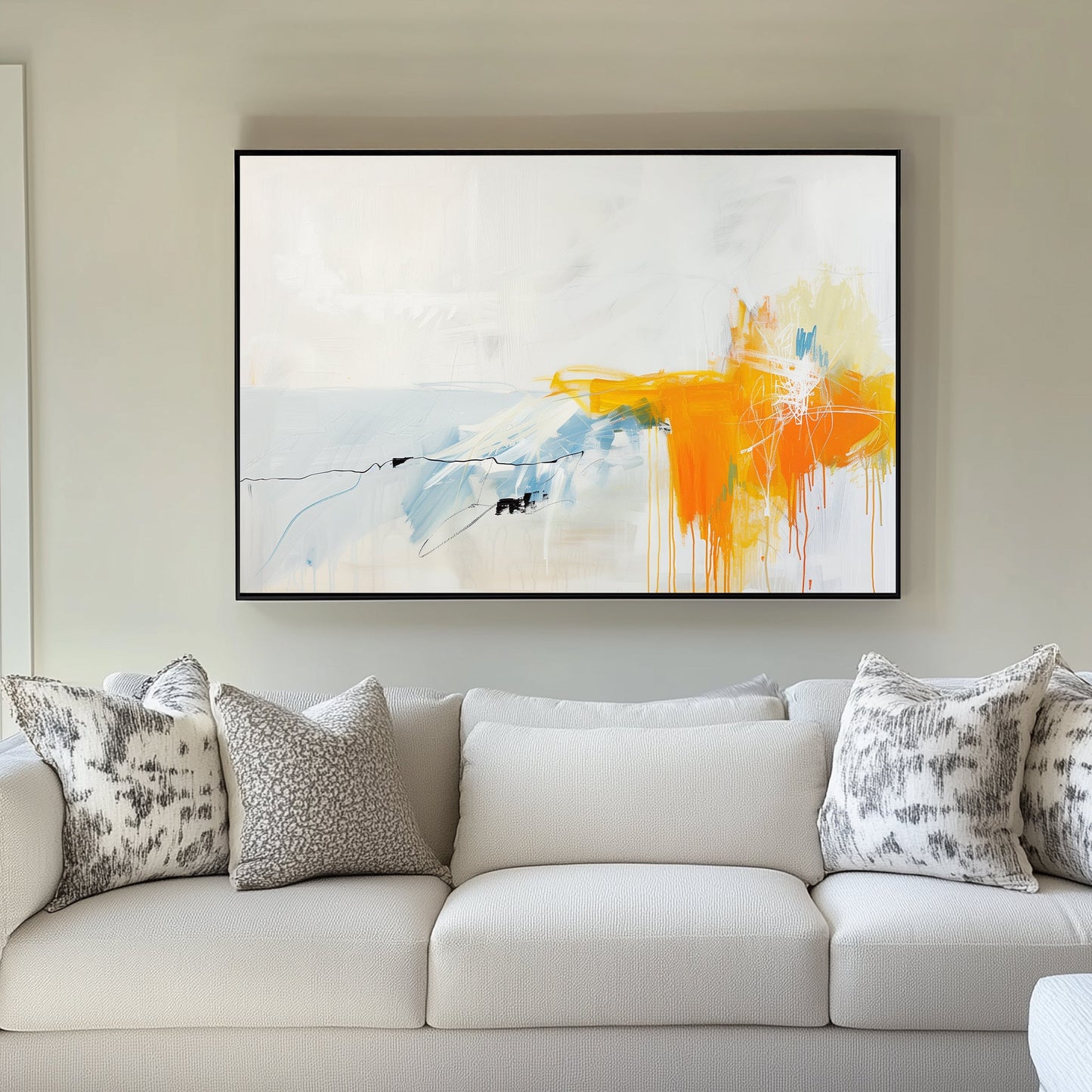 Abstract wall art painting with white and light blue tones complemented by vibrant orange and yellow streaks, creating a minimal yet energetic composition.