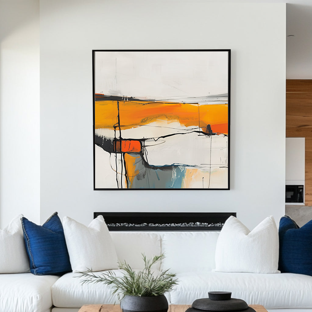 Abstract wall artwork featuring bright white spaces, orange and yellow bands, and soft blue highlights intersected by bold black lines.