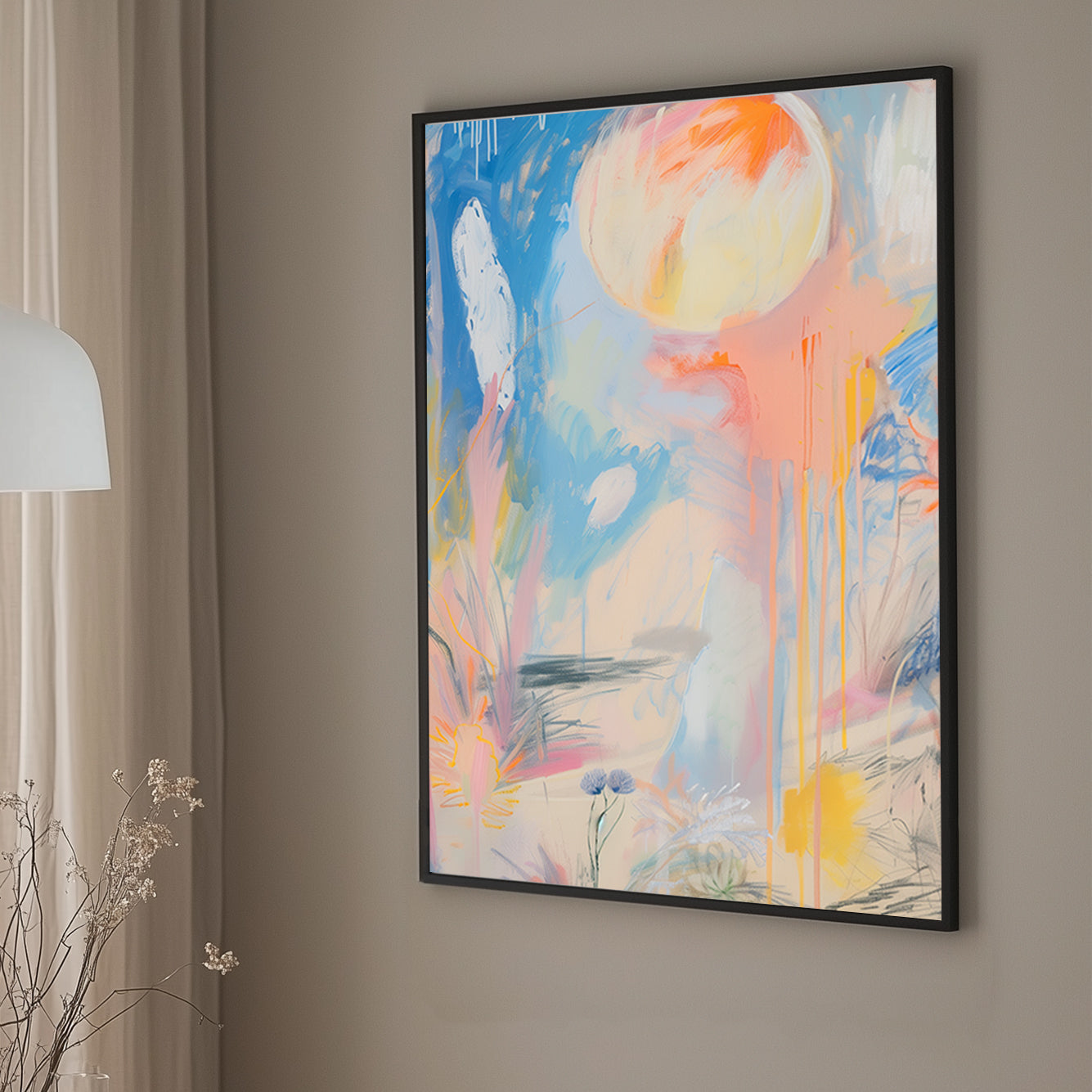 Abstract wall artwork with soft pastel tones, flowing brushstrokes, and subtle floral sketches in blue, peach, and yellow.