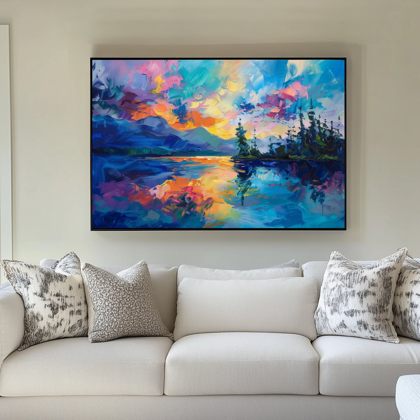 A vibrant sunset wall art print reflecting on a peaceful lake with vivid pink, orange, and blue brushstrokes, framed by silhouetted trees and distant mountains.
