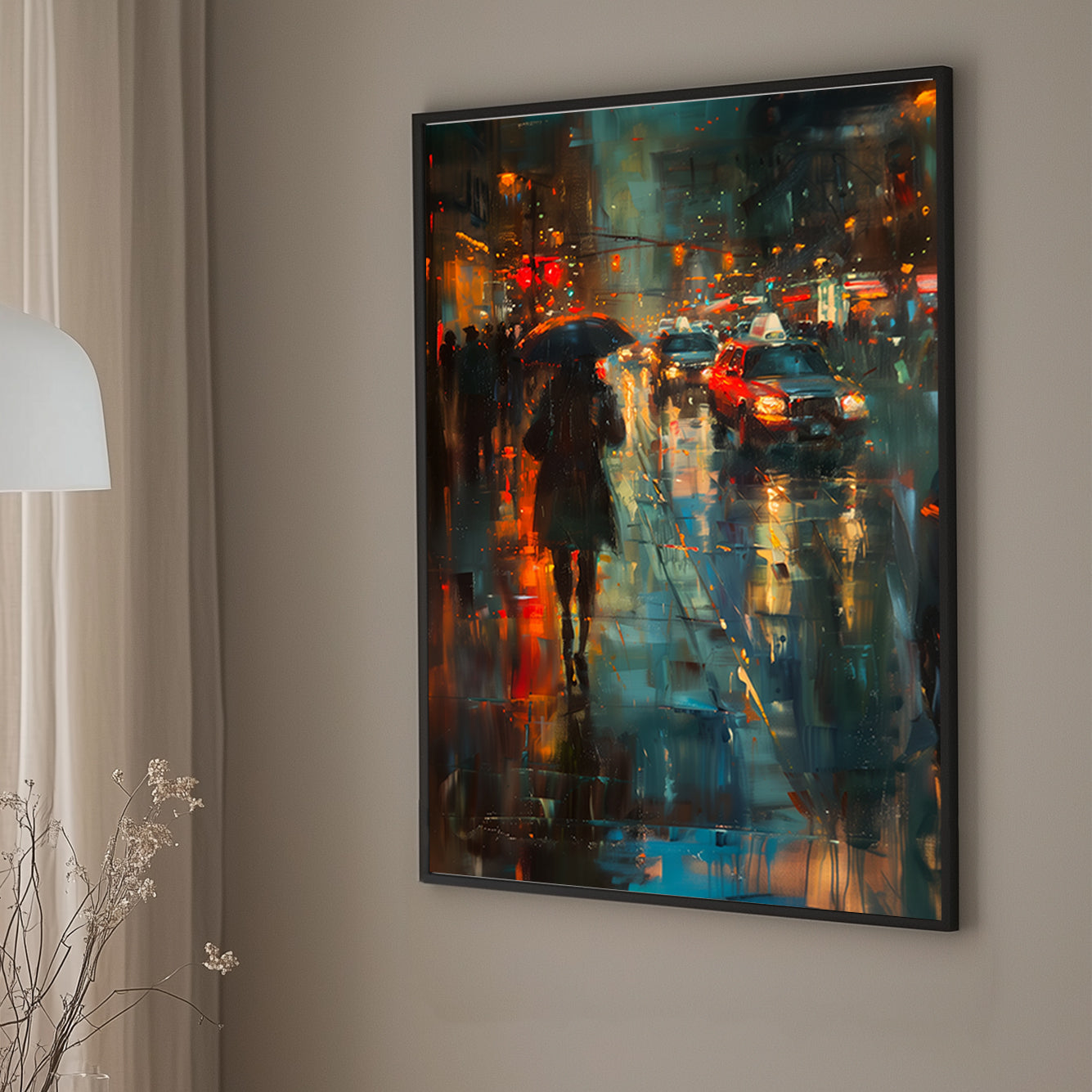 A rainy city wall art print of a street scene with glowing red and orange lights reflecting on the wet pavement, featuring a silhouetted figure with an umbrella and passing cars.