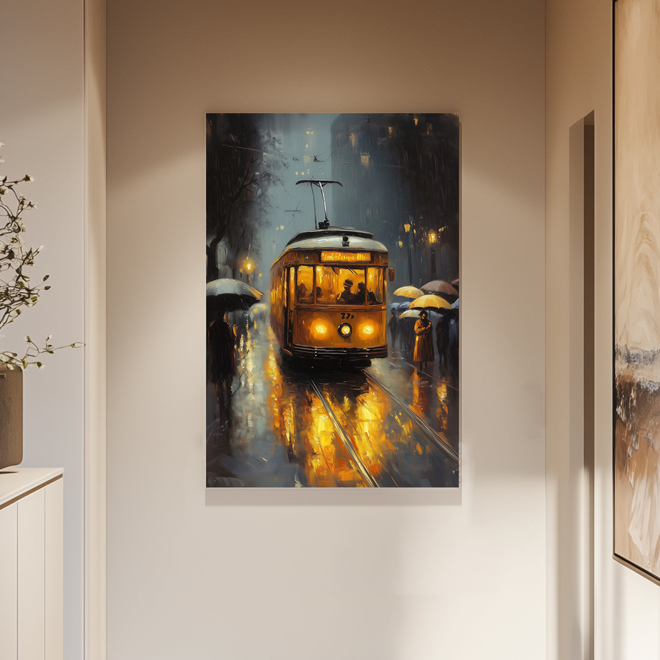 A glowing yellow streetcar wall art print on a rainy street with reflections, surrounded by figures holding umbrellas in an urban night setting.
