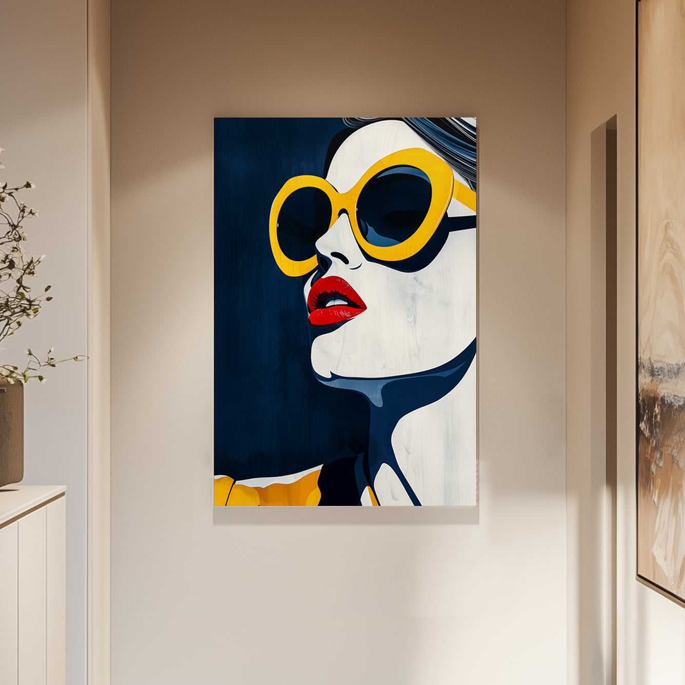 Pop wall art print of a close-up of a face with red lips and oversized yellow sunglasses on a deep blue background.