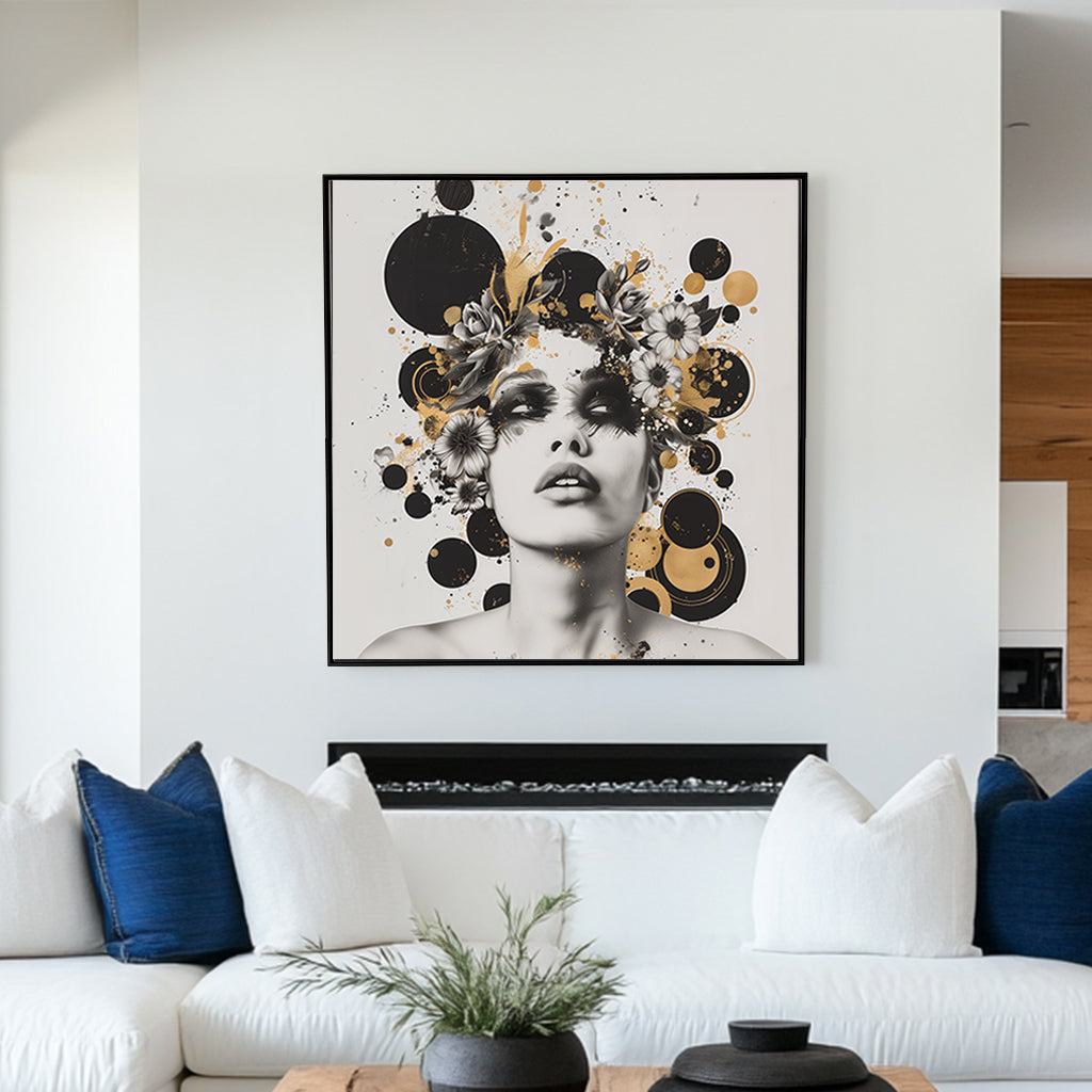 Black and white wall art portrait with floral embellishments and gold accents against a white background.