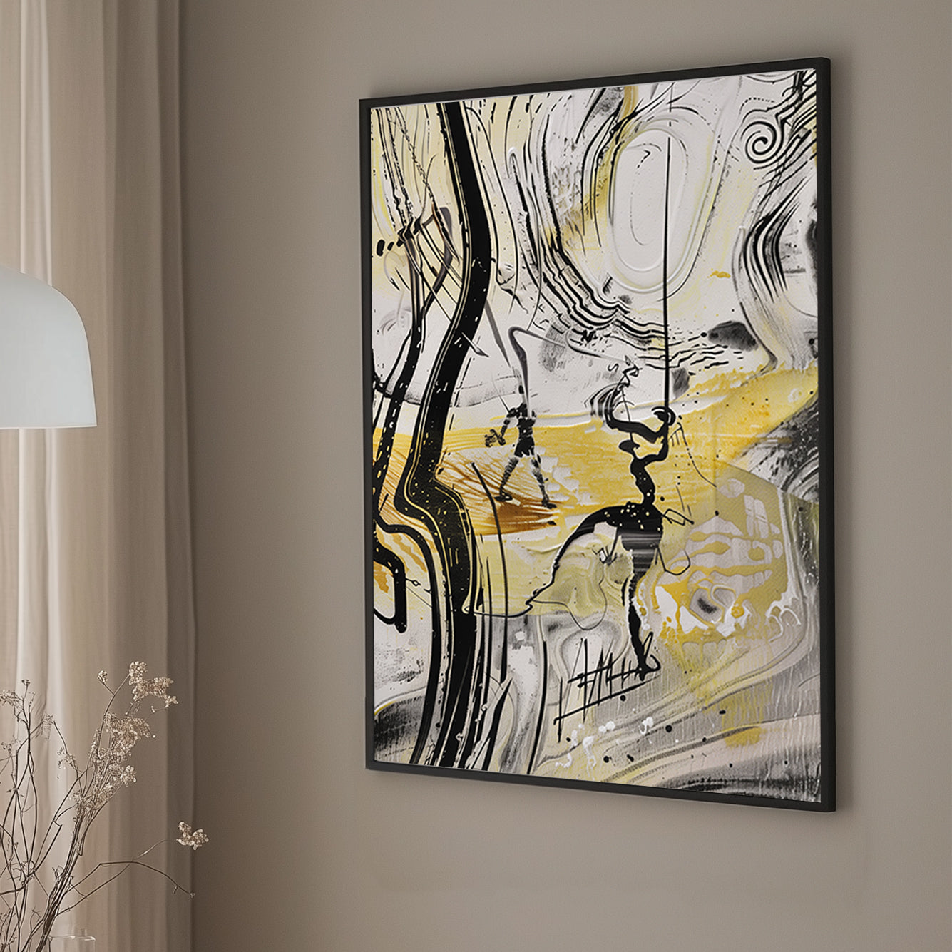 Unique abstract wall art with black lines and golden swirls in a dynamic fluid design.