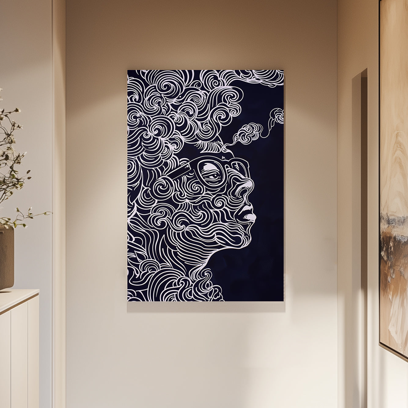 Abstract wall art of a face with swirling white lines and glasses on a dark background.