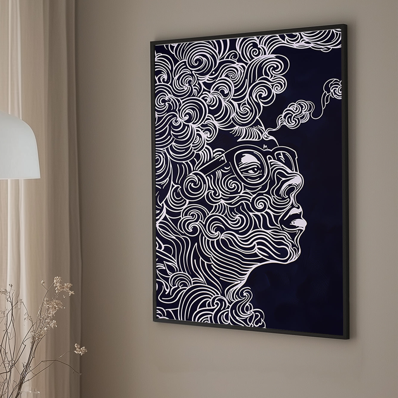 Abstract wall art of a face with swirling white lines and glasses on a dark background.
