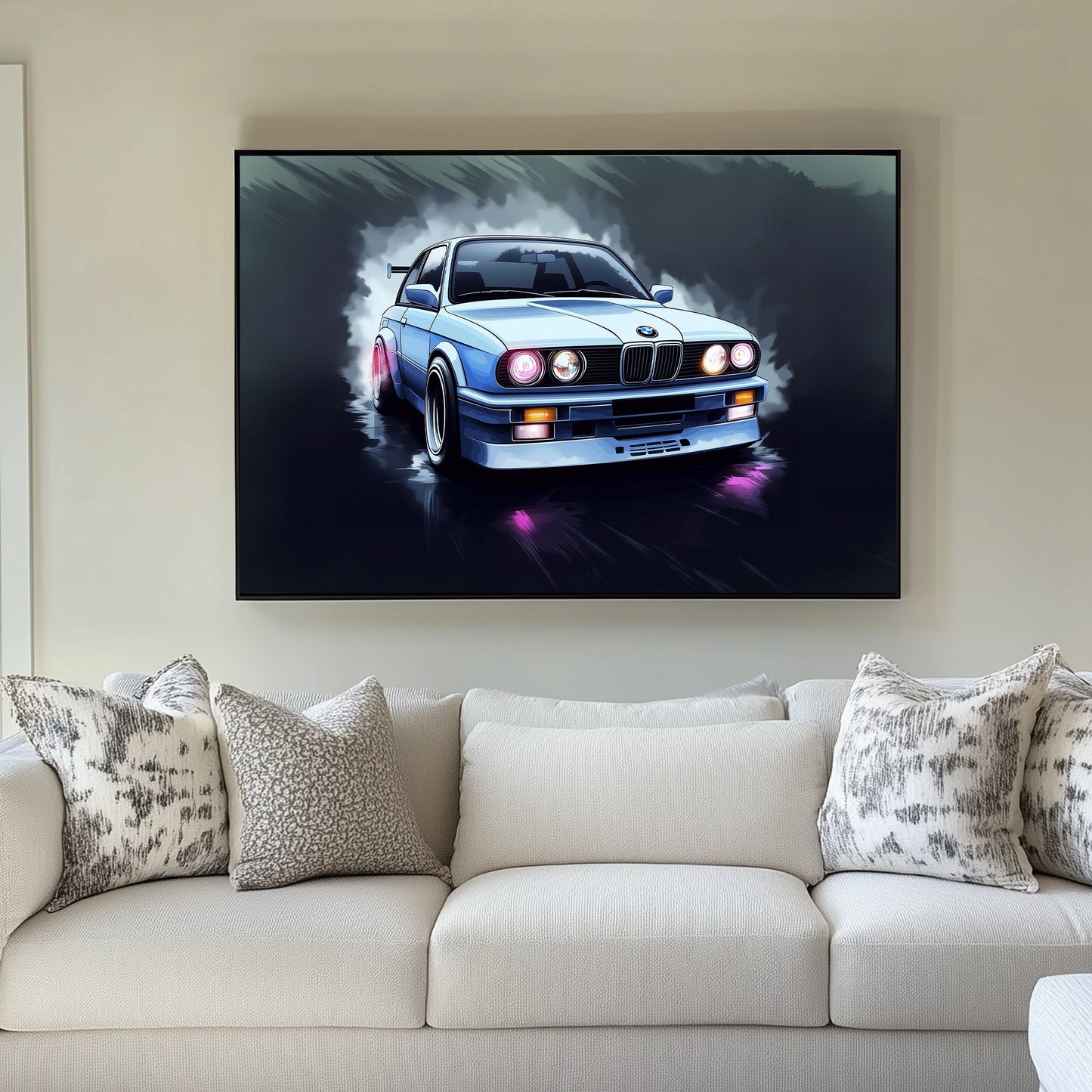 Stylized wall art print of a classic BMW car with glowing headlights and a misty backdrop.