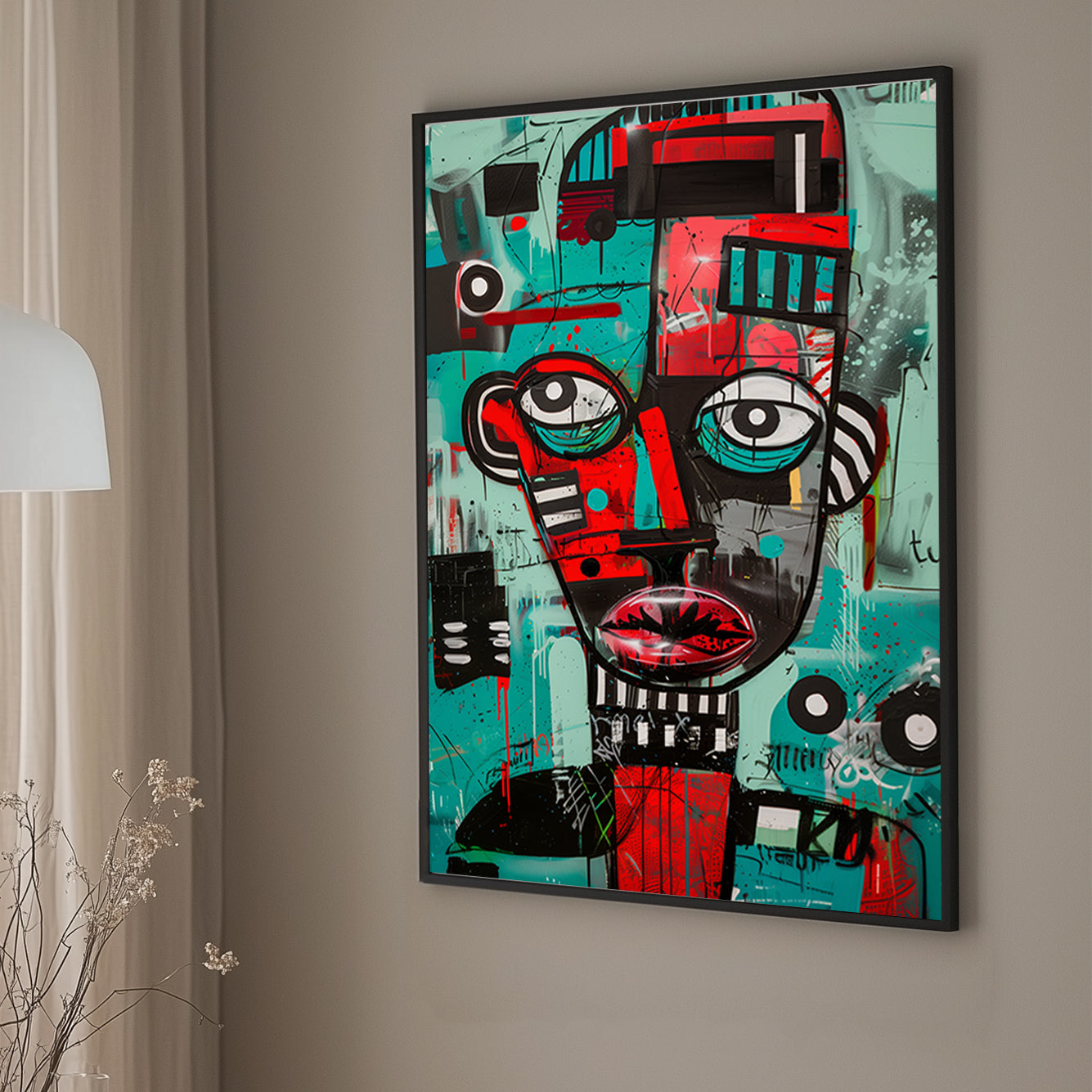 Basquiat wall art print, graffiti-style portrait featuring bold reds, teals, and black outlines.