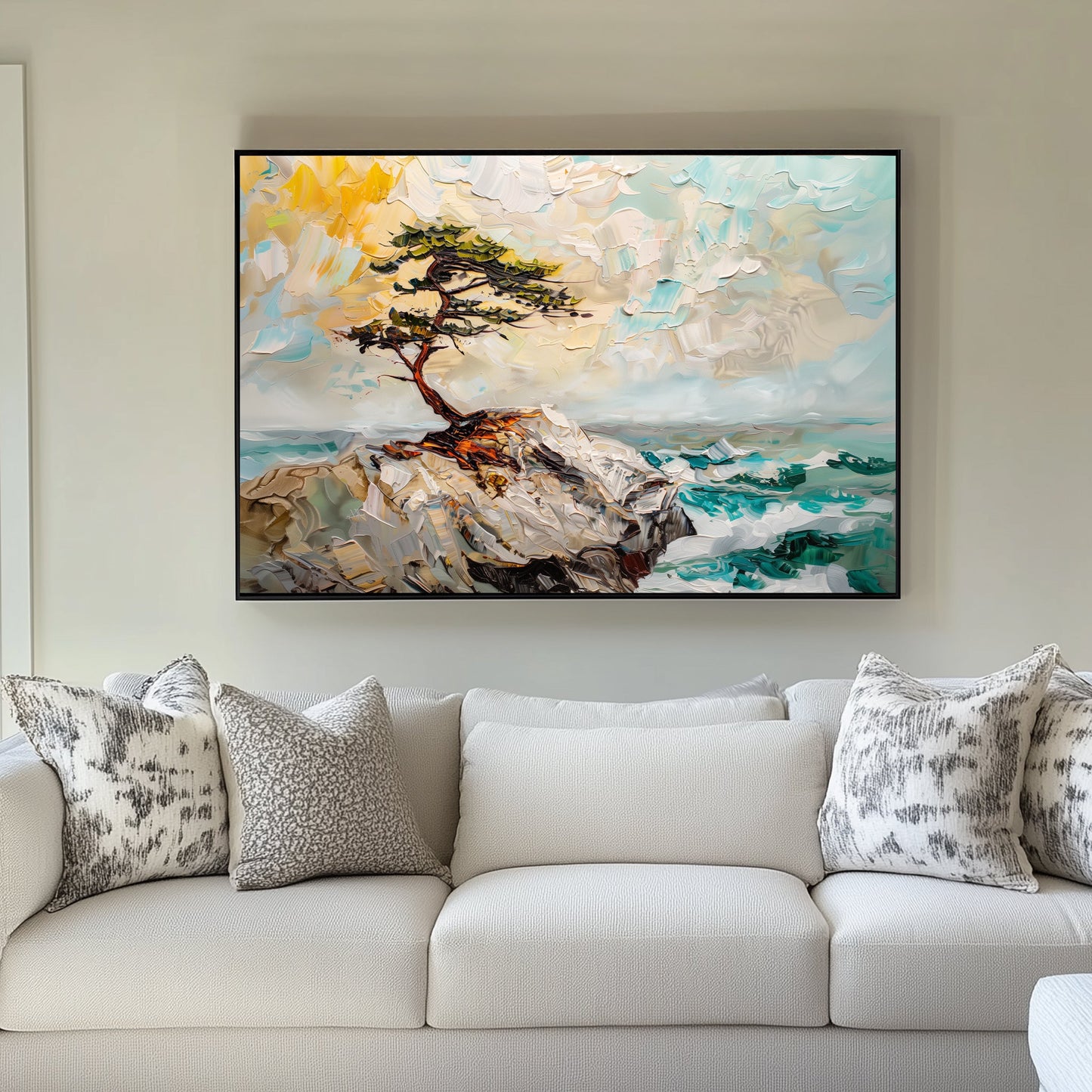 Unique nature wall art print of a windswept pine tree on rocky cliffs with teal waves and soft skies.