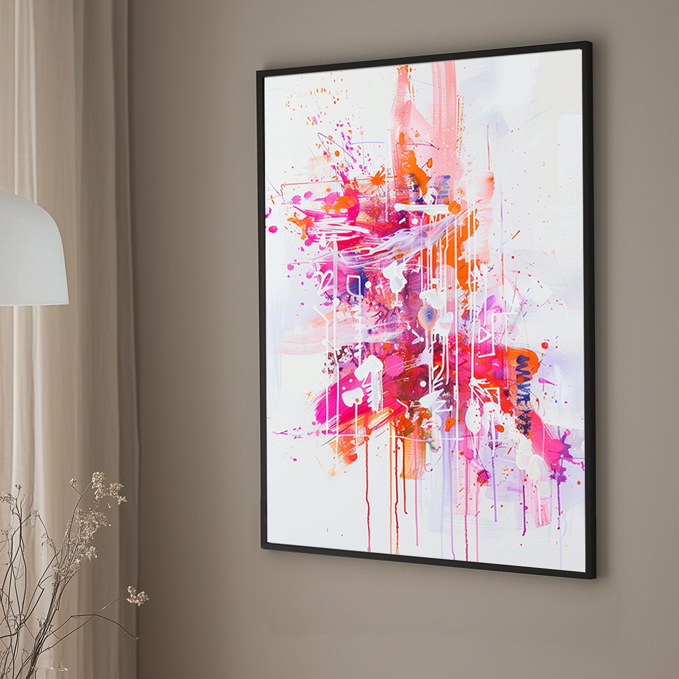 Abstract wall art featuring vivid splashes of pink, orange, and white, with dripping textures on a white canvas.