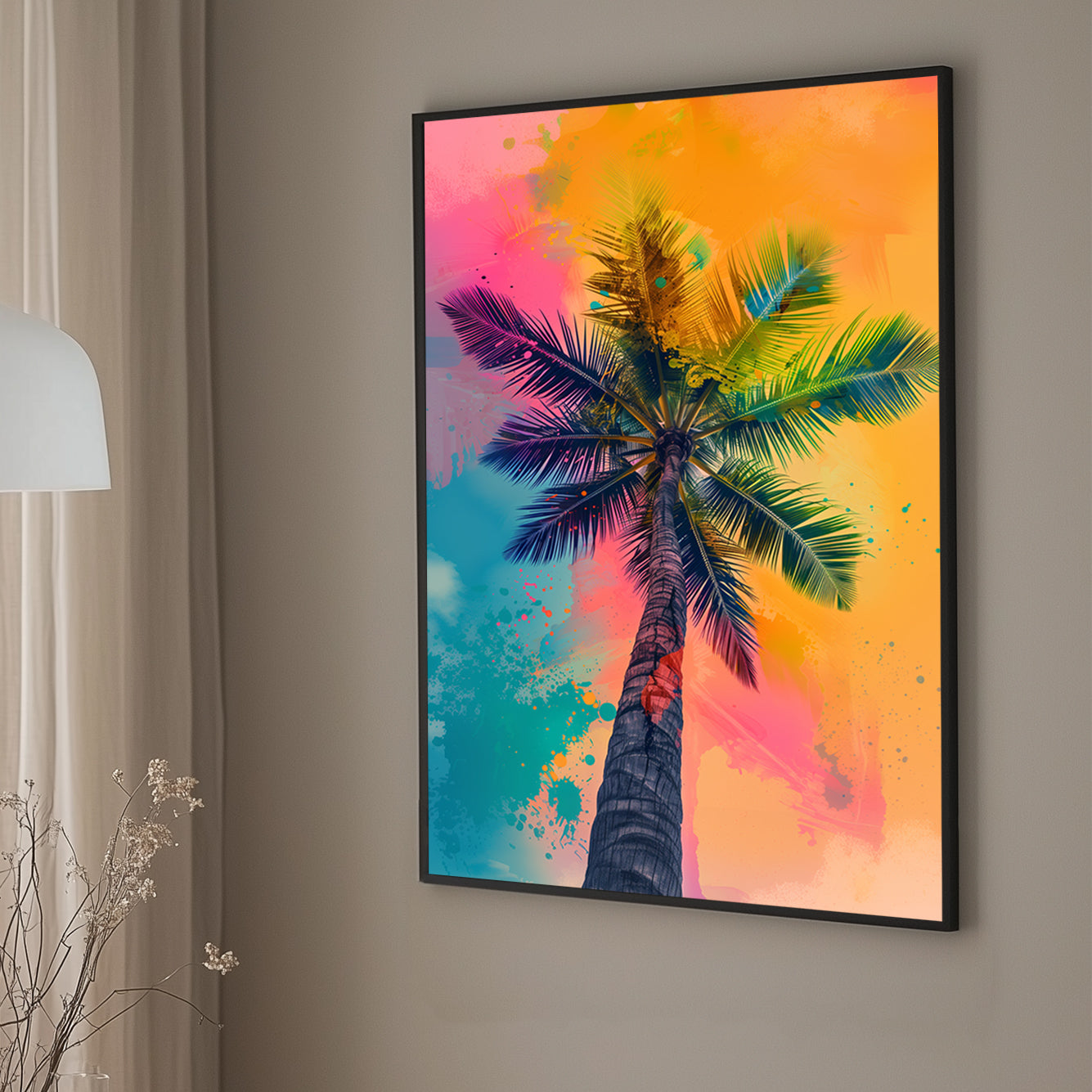 Colorful wall art print of a palm tree with a vivid, abstract background in tropical sunset colors, ideal for adding a warm, inviting touch to any room.