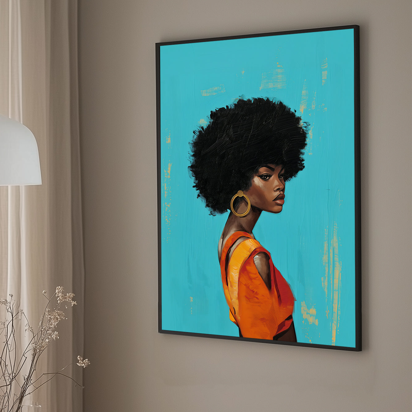 Stunning portrait of a woman with a bold afro and an elegant orange dress, set against a teal background, embodying contemporary fashion and diversity in art.