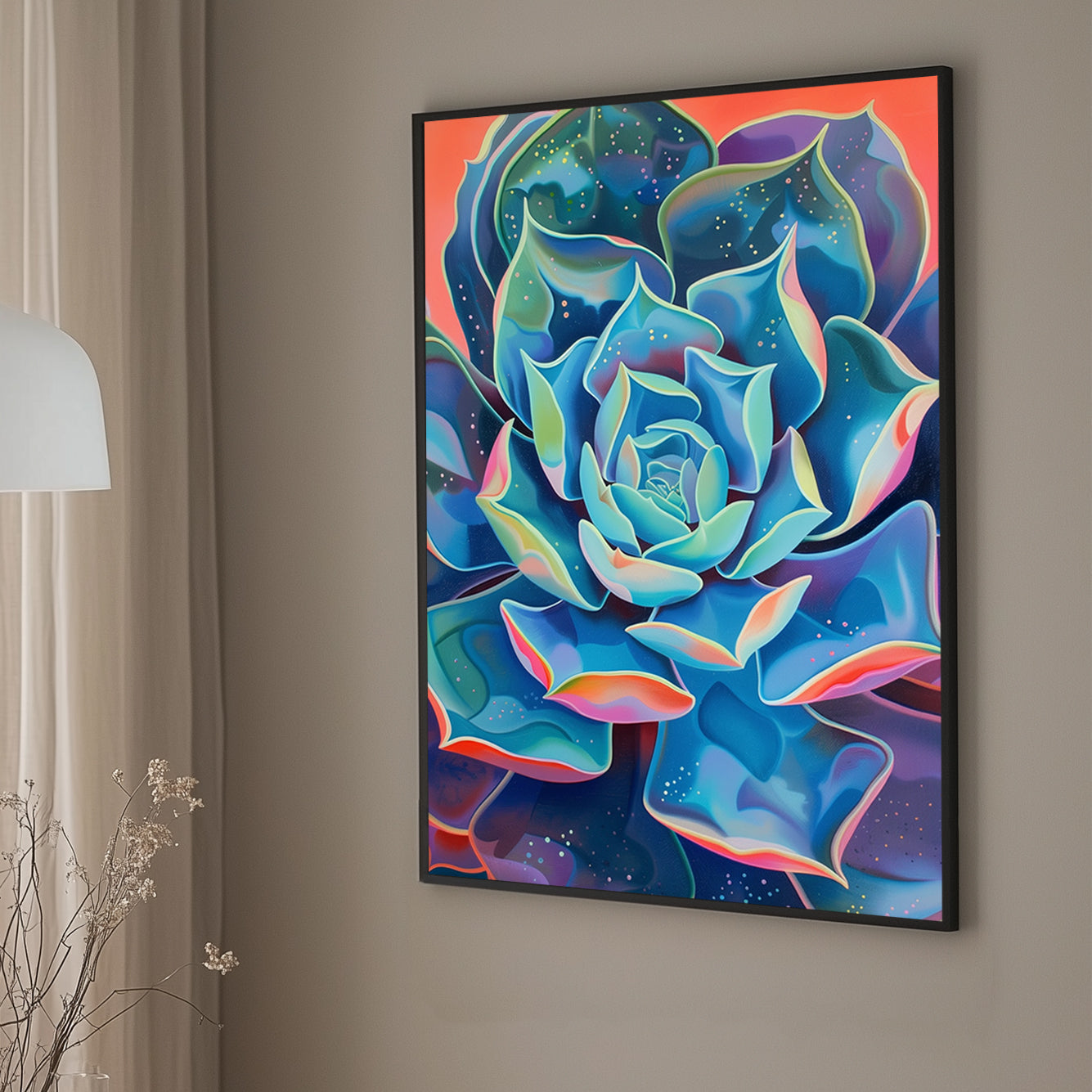 Surreal wall art print of a succulent with radiant, multi-colored petals, blending into a cosmic-like background, ideal for adding a touch of tranquility and color to any room.
